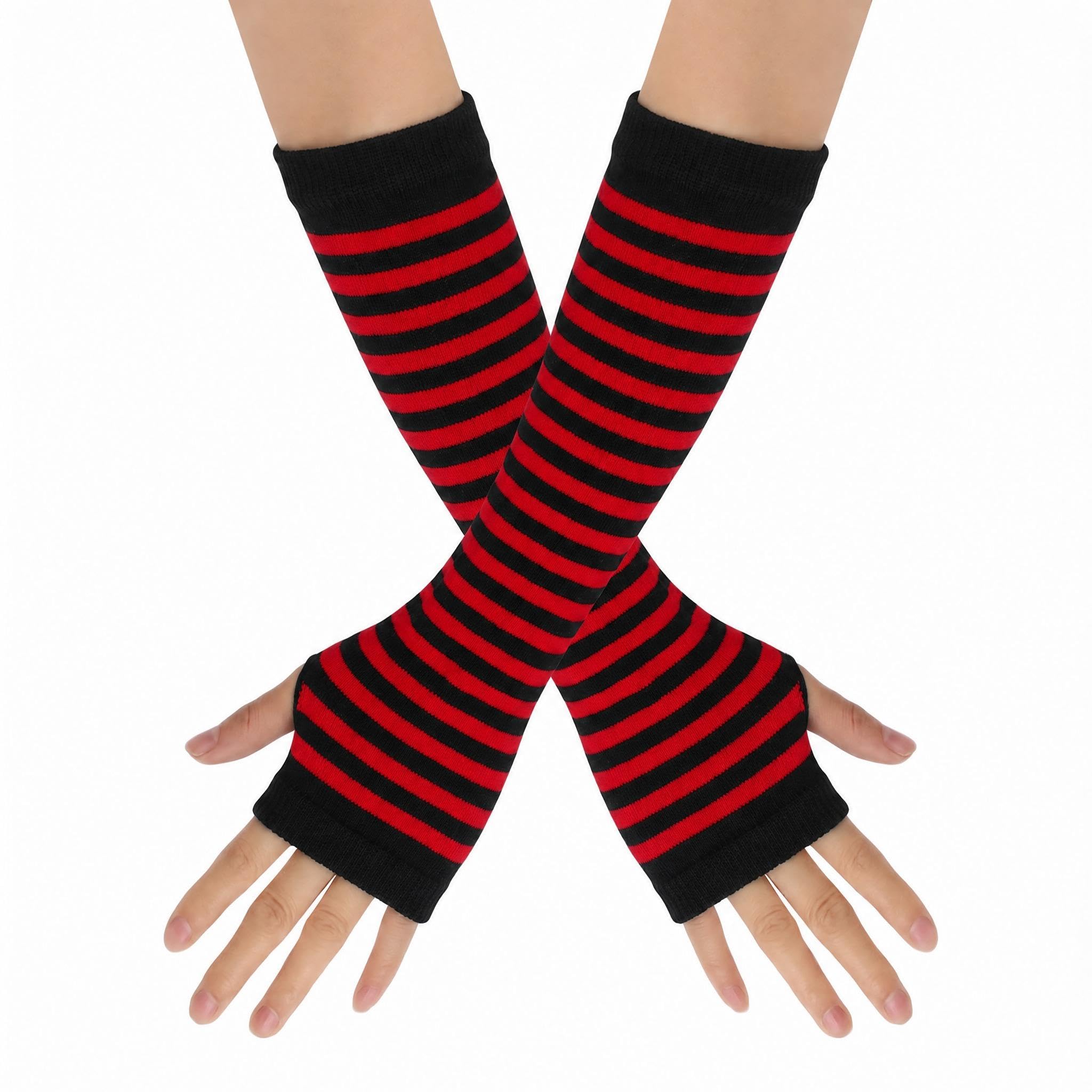 Leryavow Striped Punk Gothic Rock Long Arm Warmer Fingerless Gloves X Red Black