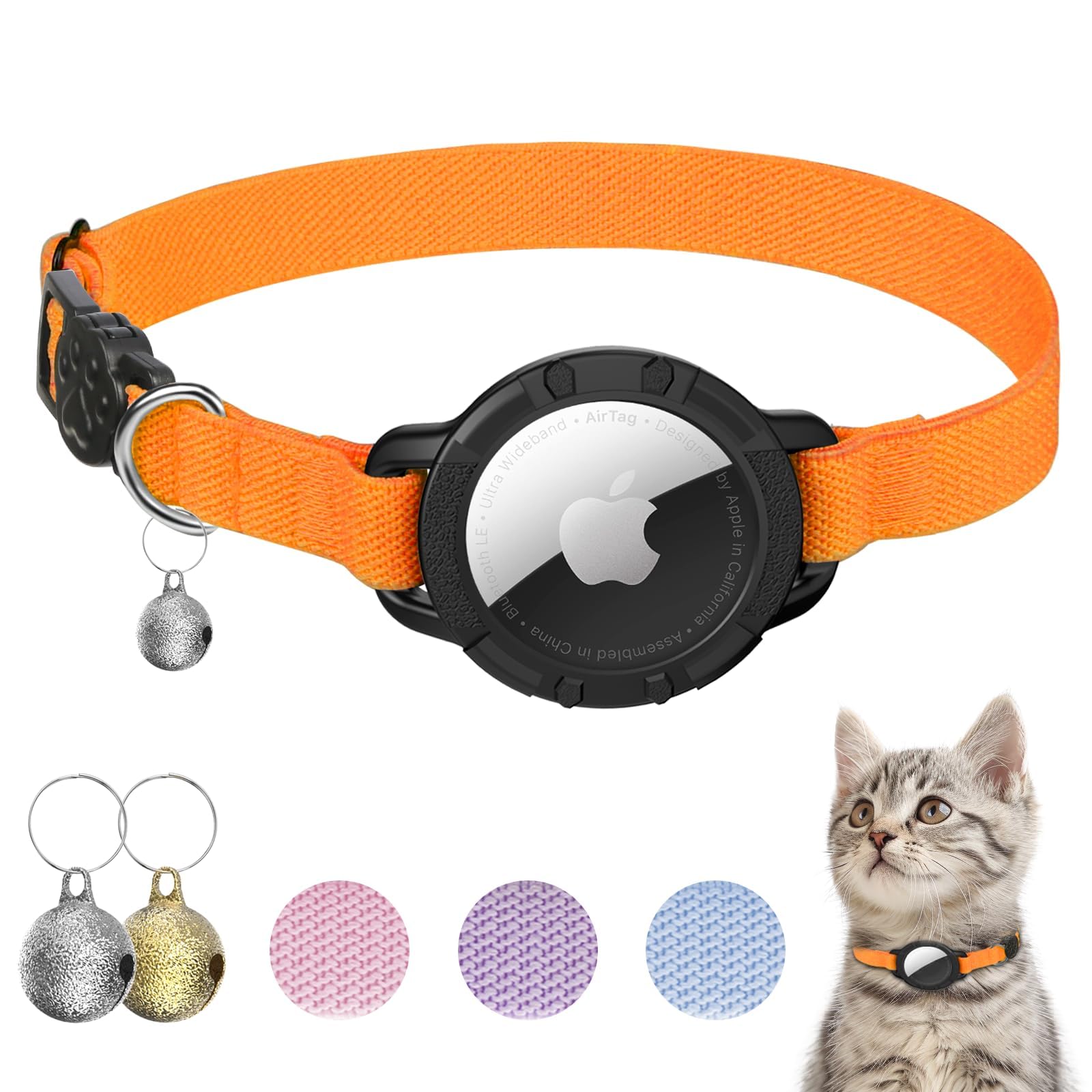 AirTag Cat Collar, Stretchy Collar with Apple Air Tag Holder and Bell