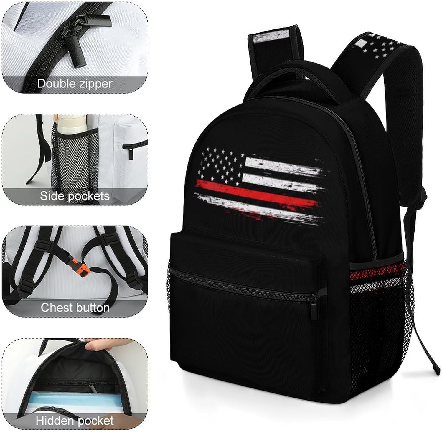 US Flag Thin Red Line Flag Laptop Backpack Lightweight Travel Daypack Shoulder Bag for Men Women