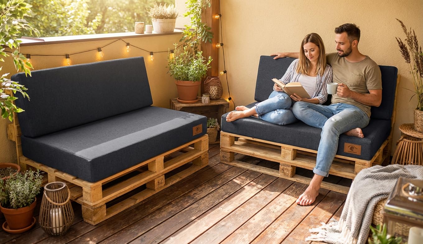 Odolplusz Juego de cojines para palés, 120 x 80 cm, gris, impermeable y resistente a los rayos UV, cojín de asiento y respaldo para palés europeos (gris oscuro)