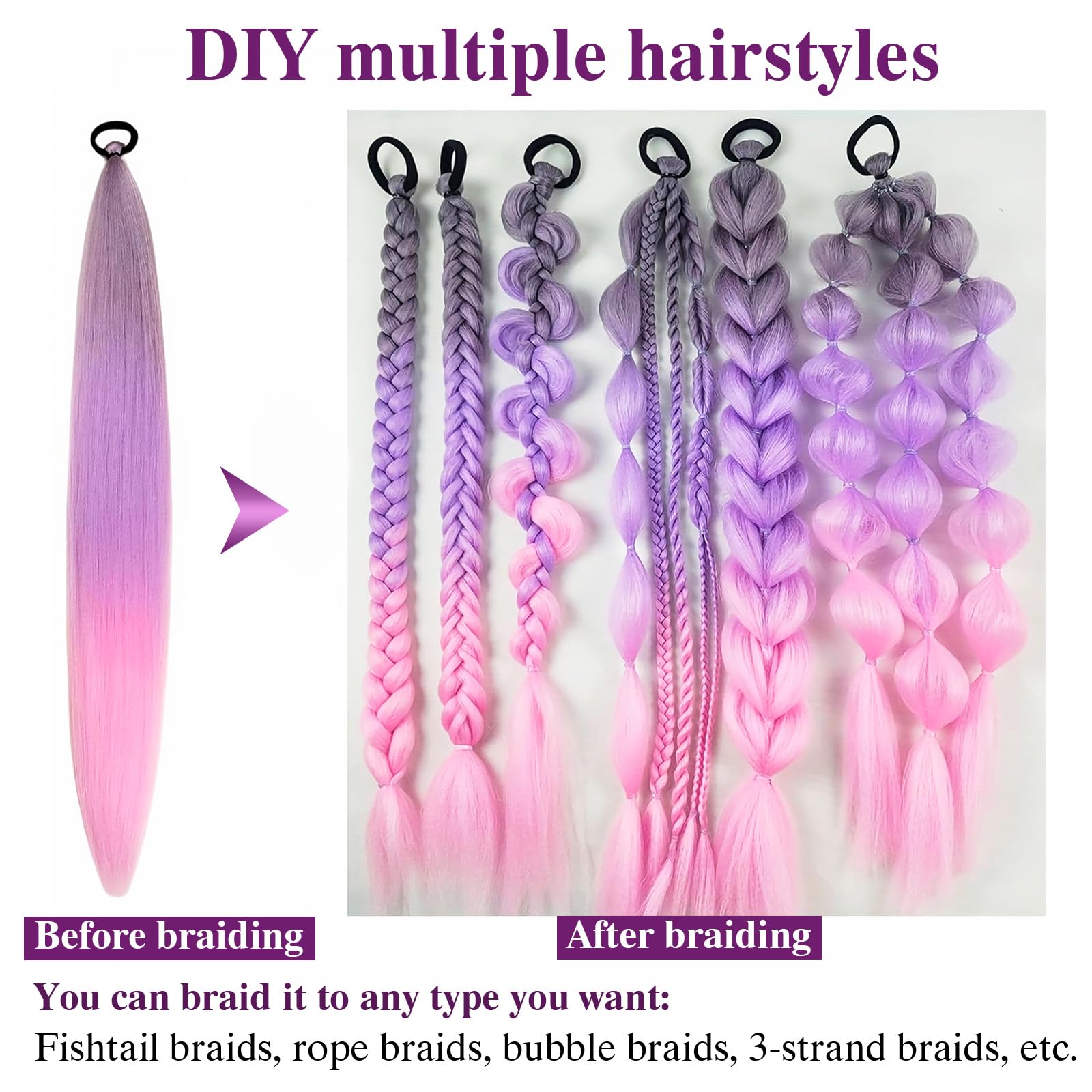 S-noilite Ombre Ponytail Hair Extensions with Hair Tie for Women Girls,Colored Synthetic Hairpiece Daily Party Costume DIY Braiding,26inch 2pcs,Wine Red - Image 4