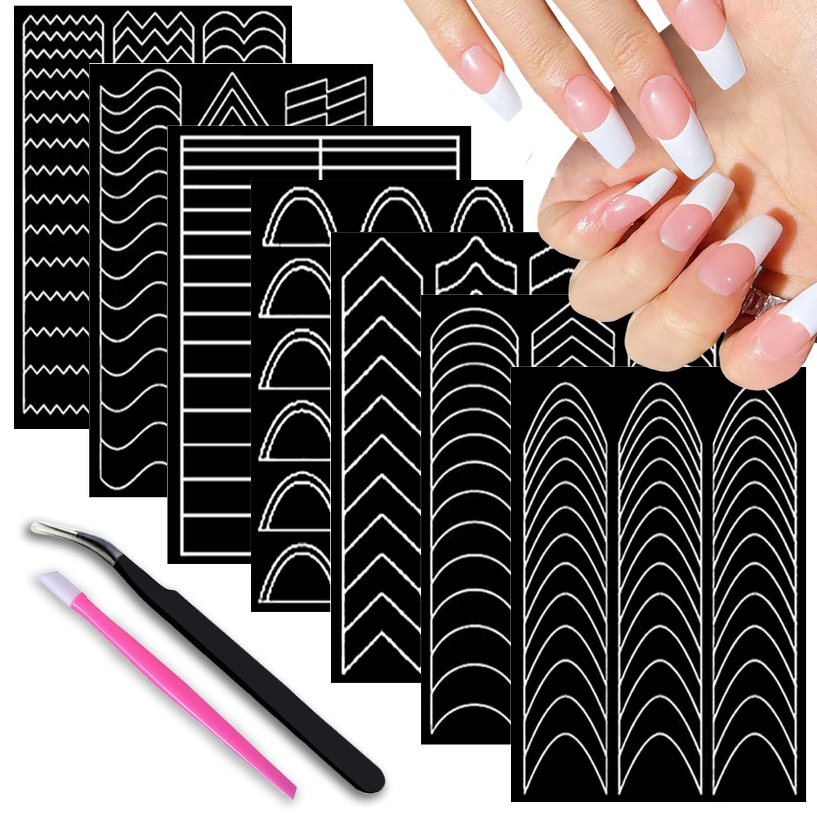 24 Sheets French Tip Nail Guides,Self-Adhesive Manicure Strips Tools French V-Shaped Moon Shaped Manicure Strip Stickers for Nails Edge Auxiliary