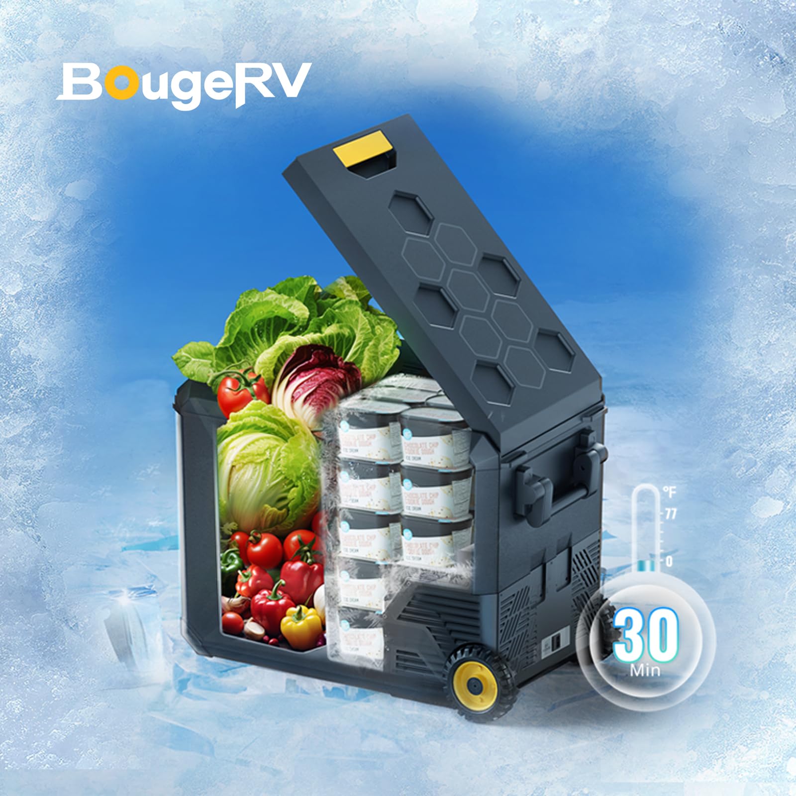 BougeRV 12V Refrigerator Dual-Zone, 12v Fridge Electric Cooler Aspen 40 Pro, Battery Powered Fridge, Quick Freeze to -4 °F with IceDrive, 41L (43QT)(Battery not included)