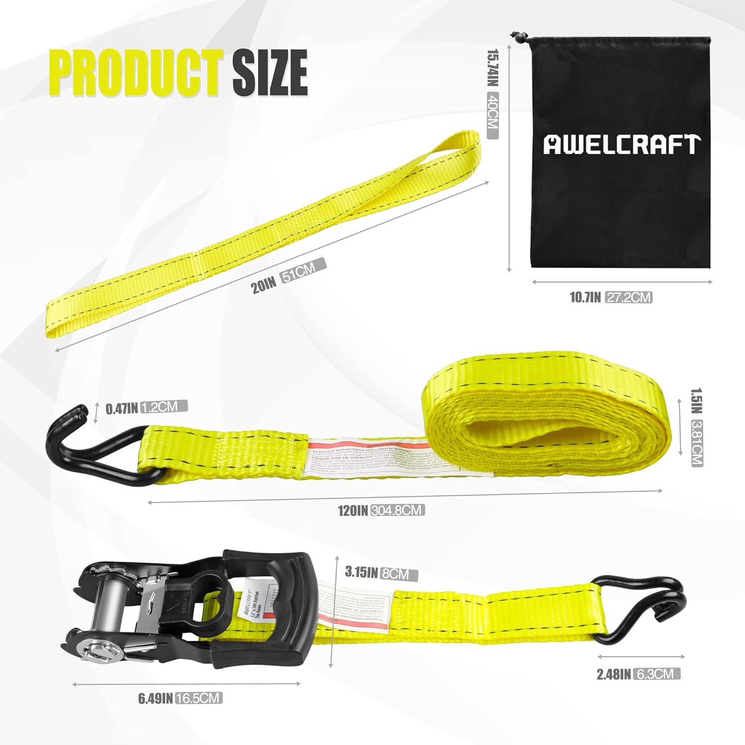 Ratchet Straps (4PK) - 3300lbs Breaking Strength 1.5''×10' Heavy Duty Tie Down Straps with Padded Handles, Double J Hooks & Soft Loops for Moving Motorcycle, Trailer & Trucks (Yellow) - Image 2