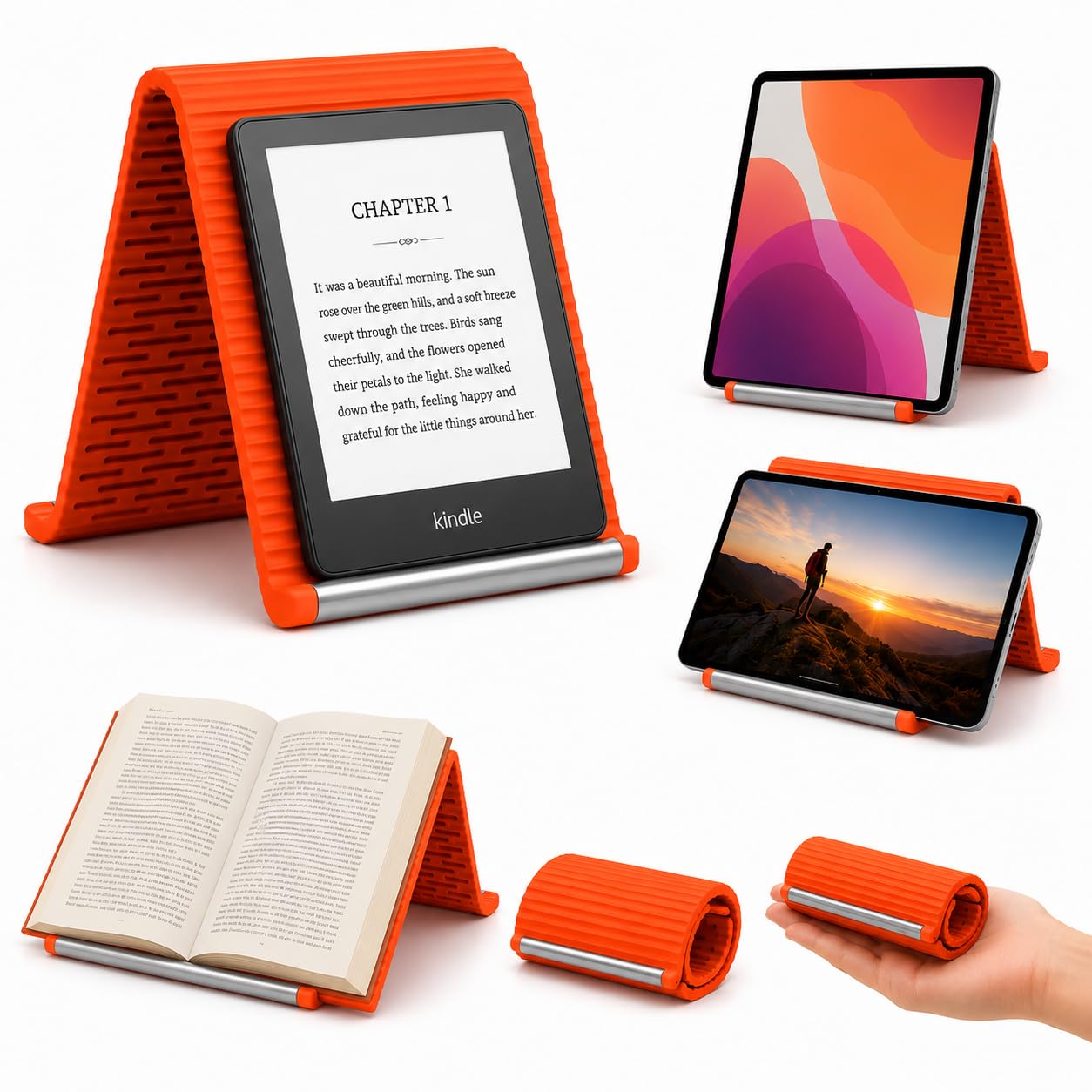 Adjustable eBook Reader Stand, Flexible Silicone eReader Holder with Aluminum Core, Foldable Anti-Slip Desktop Stand for Kindle, Tablets, Smartphones and Lightweight Devices-image-15
