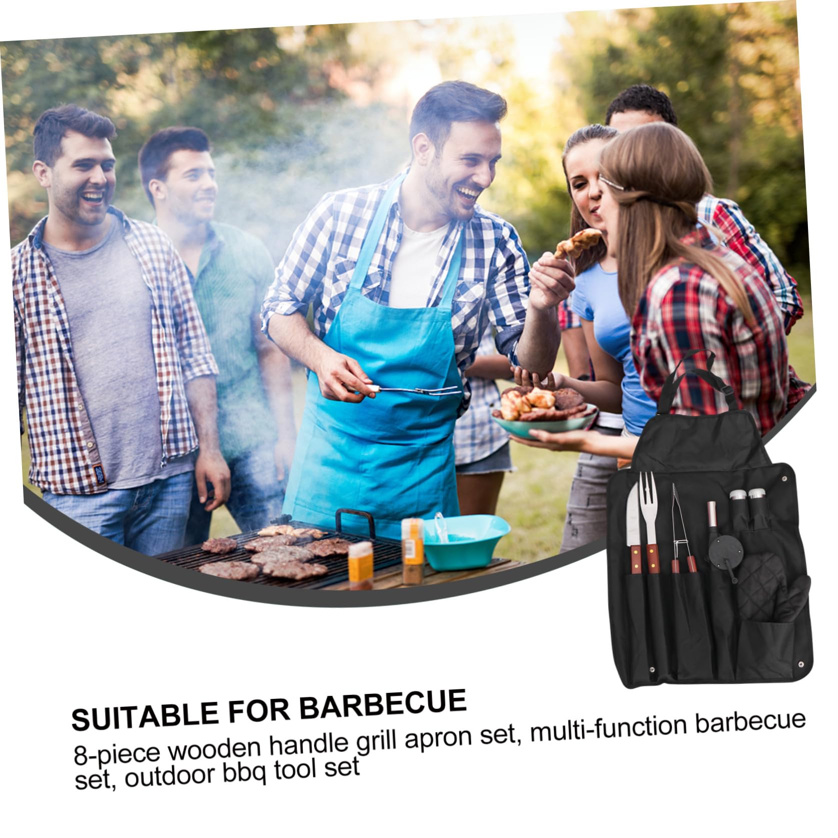 Set Utensili Barbecue Acciaio Inossidabile e Legno Nero | Borsa Inclusa, Design Compatto Cinghie di Fissaggio, Guanto Termoresistente per Festa All'aperto