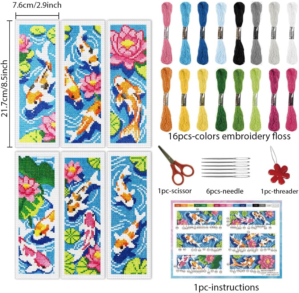 INFUNLY 6 Set Koi Fish DIY Cross Stitch Bookmark Kits for Adults Lotus Pond Counted Cross Stitch Kit with Instructions Koi Fishes Stamped Embroidery Bookmark Kit for Book Lovers Readers Gift