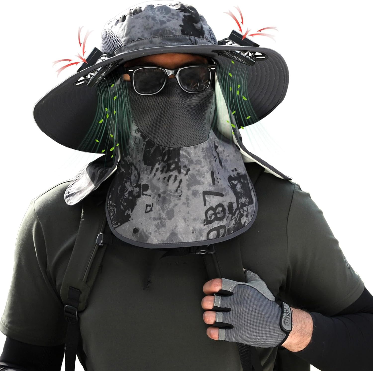 Wide Brim Sun Hat with Solar Fan, Outdoor Solar Fan Hat with Removable Neck Flap and Face Cover for Fishing, Hiking Camping