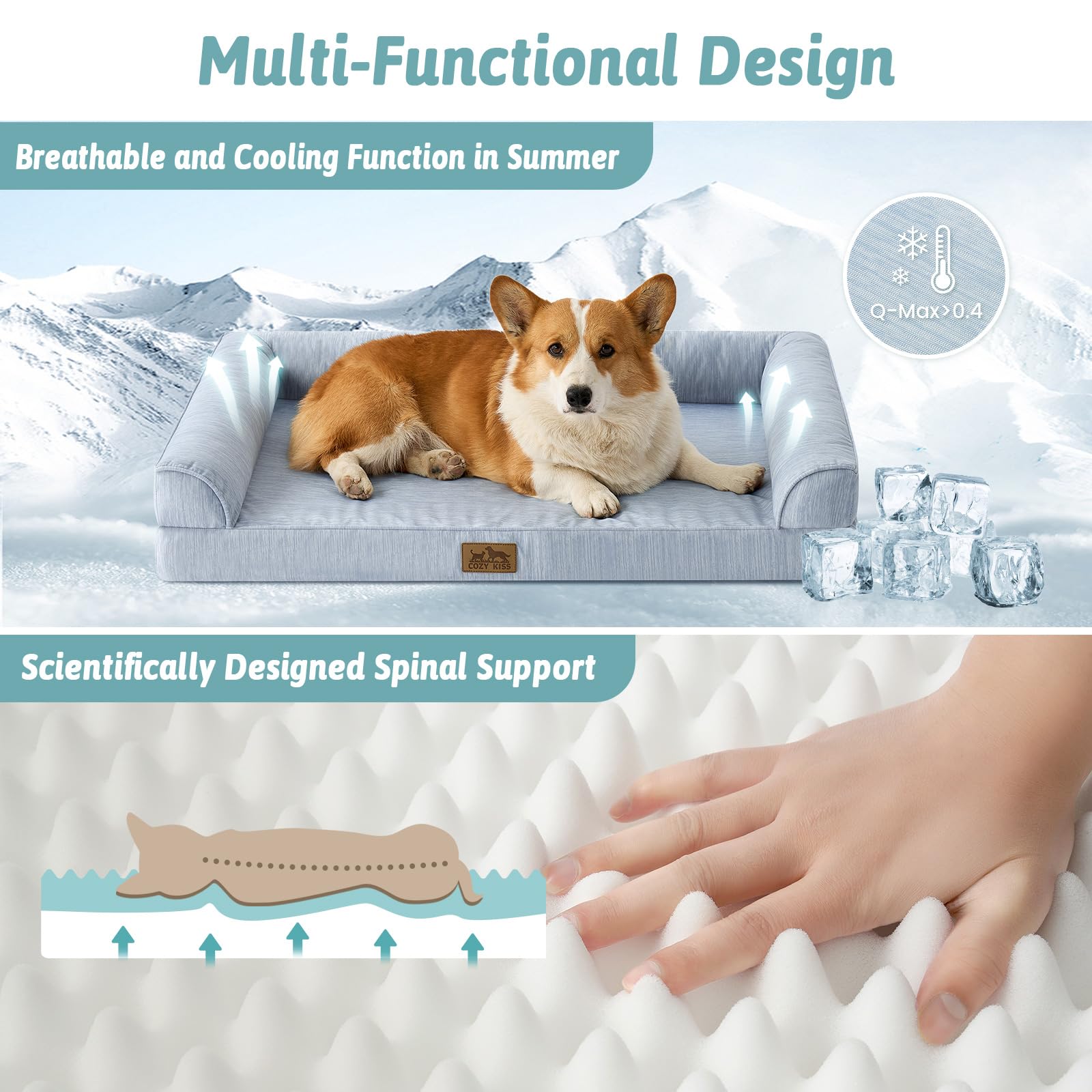 COZY KISS Ortopedyczne łóżko dla dużych psów 91 x 69 x 16 cm - Ergonomiczna sofa dla psa ze zdejmowaną i zmywalną poszewką i pianką o strukturze plastra miodu, wodoodporna, jasnoniebieski