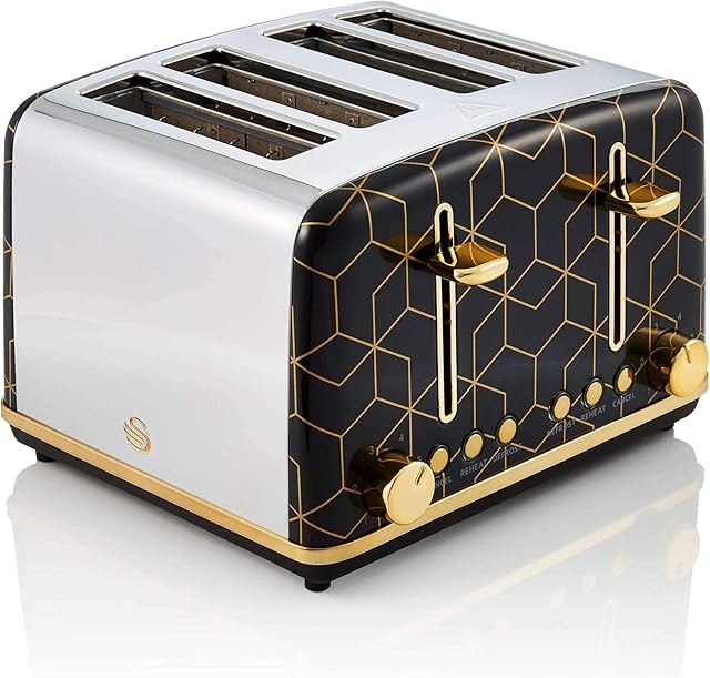 Swan Tribeca, 4 Slice Toaster, Multiple Functions & Browning Control, Glamour 20s Art Dec Design, Black & Rose Gold, ST42020BLKN