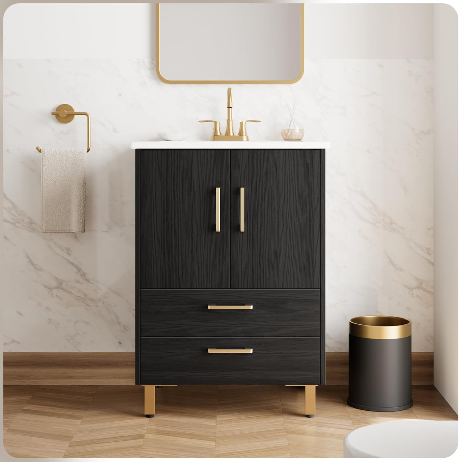 phiestina Fully Pre-Assembled Black 24 inch Bathroom Vanity with Sink, 2 Soft Close Doors and 2 Drawers Bathroom Storage Cabinet Set, with 3 Holes Single Ceramic Sink Combo, Faucet Not Included
