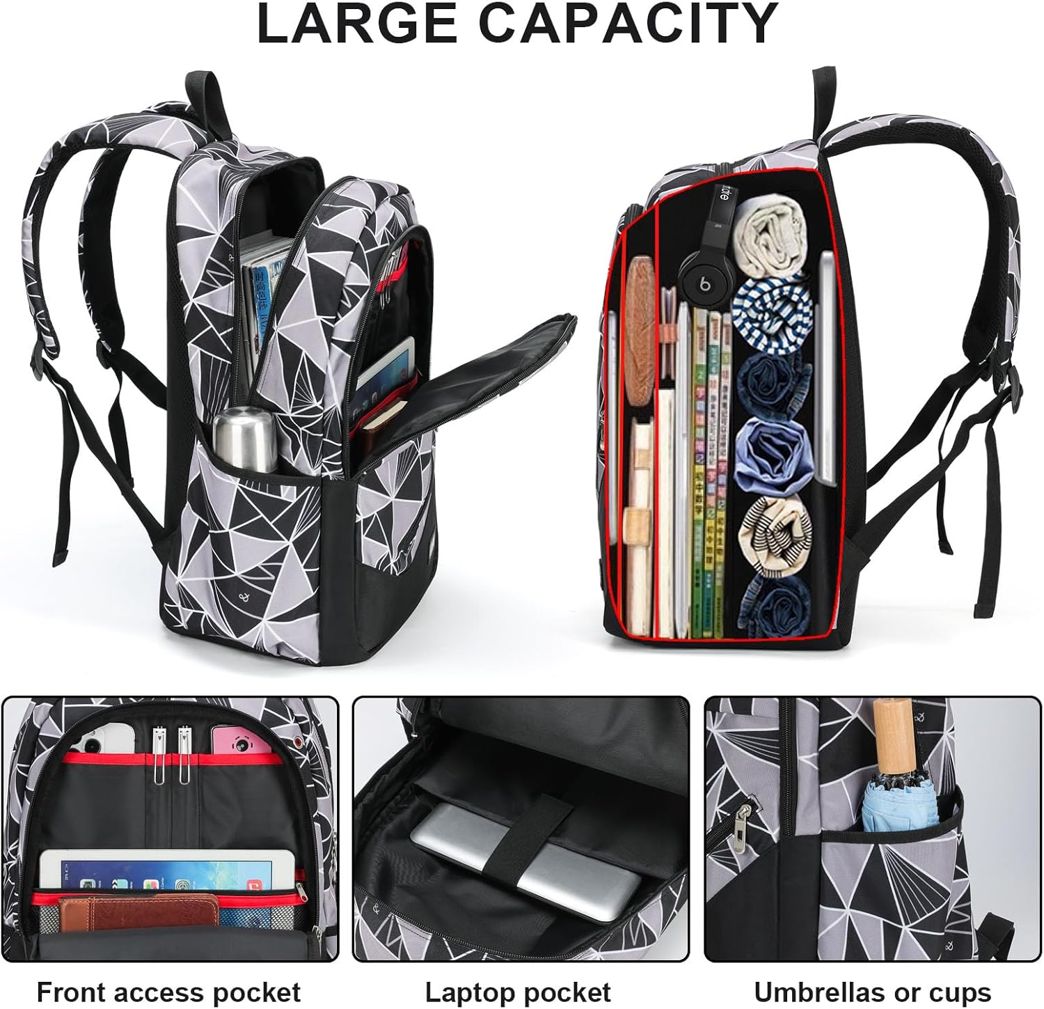 Boys' Large School Backpack, for 8-16 Years Old, Elementary - High School (Geometric black and gray, Large：19.5×7.2×13.25 inch)