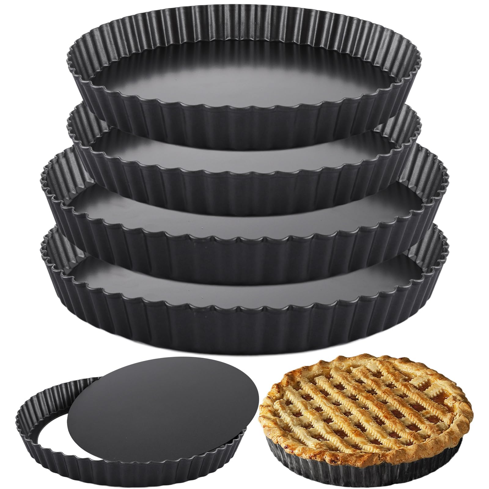 Oungy 4 Pack Quiche Dishes, 22cm/24cm Non-Stick Tart Tins Quiche Tins with Loose Base, Carbon Steel Flan Tin Round Flan Dish Pie Tin Pie Dish for Baking (Black)
