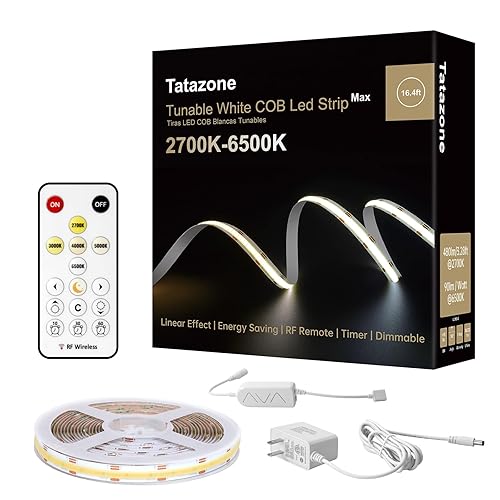 Tatazone 16.4ft Tunable White COB Led Strip Light with RF Remote, CRI93+ Dimmable CCT 2700K-6500K Led Tape Lights, Adhesive High Density Led COB Light Strip for Bedroom, Kitchen, Cabinet