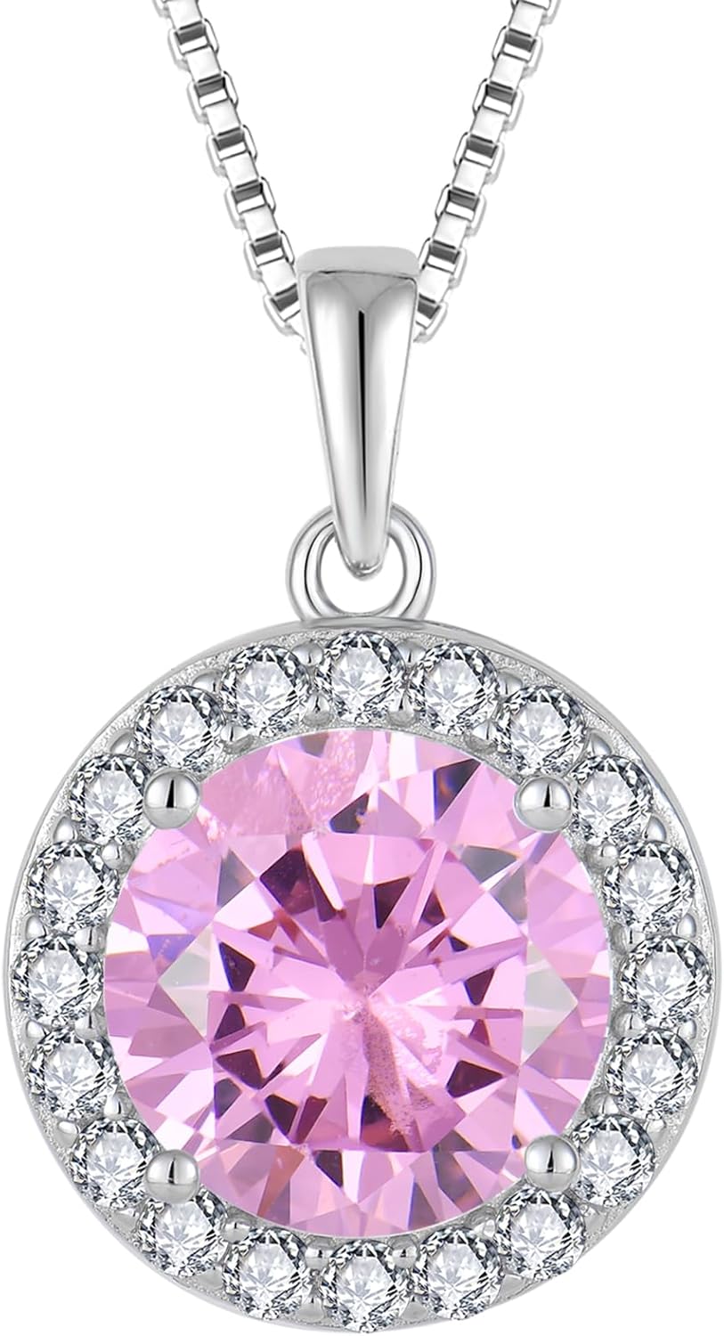 Birthstone Necklace for Women 925 Sterling Silver Round Halo Pendant Jewelry Gifts for Her 10mm Solitaire Necklace