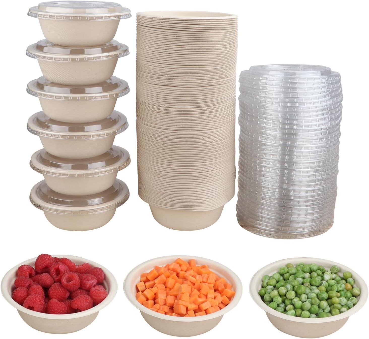 12 oz Round Disposable salad bowls with lids, Sugarcane Fiber Paper Bowls take away food containers Plant Fibers Freezer Safe 50 Pack 12oz