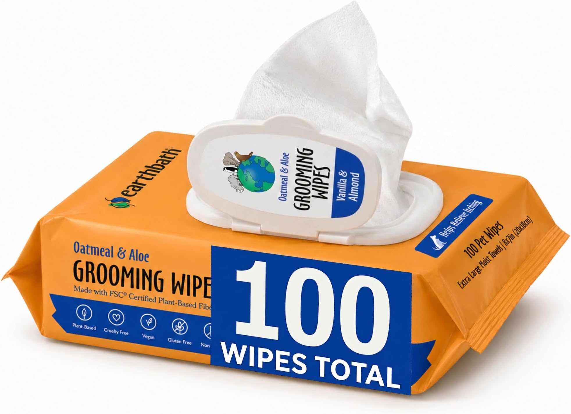 earthbath Oatmeal & Aloe Grooming Wipes, Soothing Pet Wipes for Dogs & Cats, Helps Relieve Itchy & Dry Skin, Vanilla & Almond - 100 Wipes