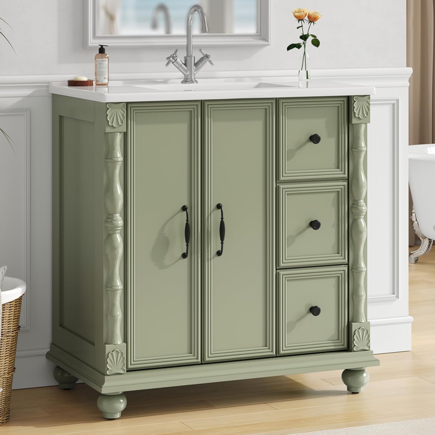 ONBRILL Bathroom Vanity with Sink Combo, Modern Bathroom Vanities with Adjustable Shelf, 4 Solid Legs, 2 Drawers, 2 Doors, Ceramic Integrated Sink, Freestanding Bath Storage Cabinet (32", Green)