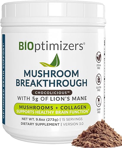 BIOptimizers Café de Setas Alternativo – Bebida de Chocolate – Mane de León, Chaga, Reishi + Péptidos de Colágeno para Enfoque, Energía y Salud