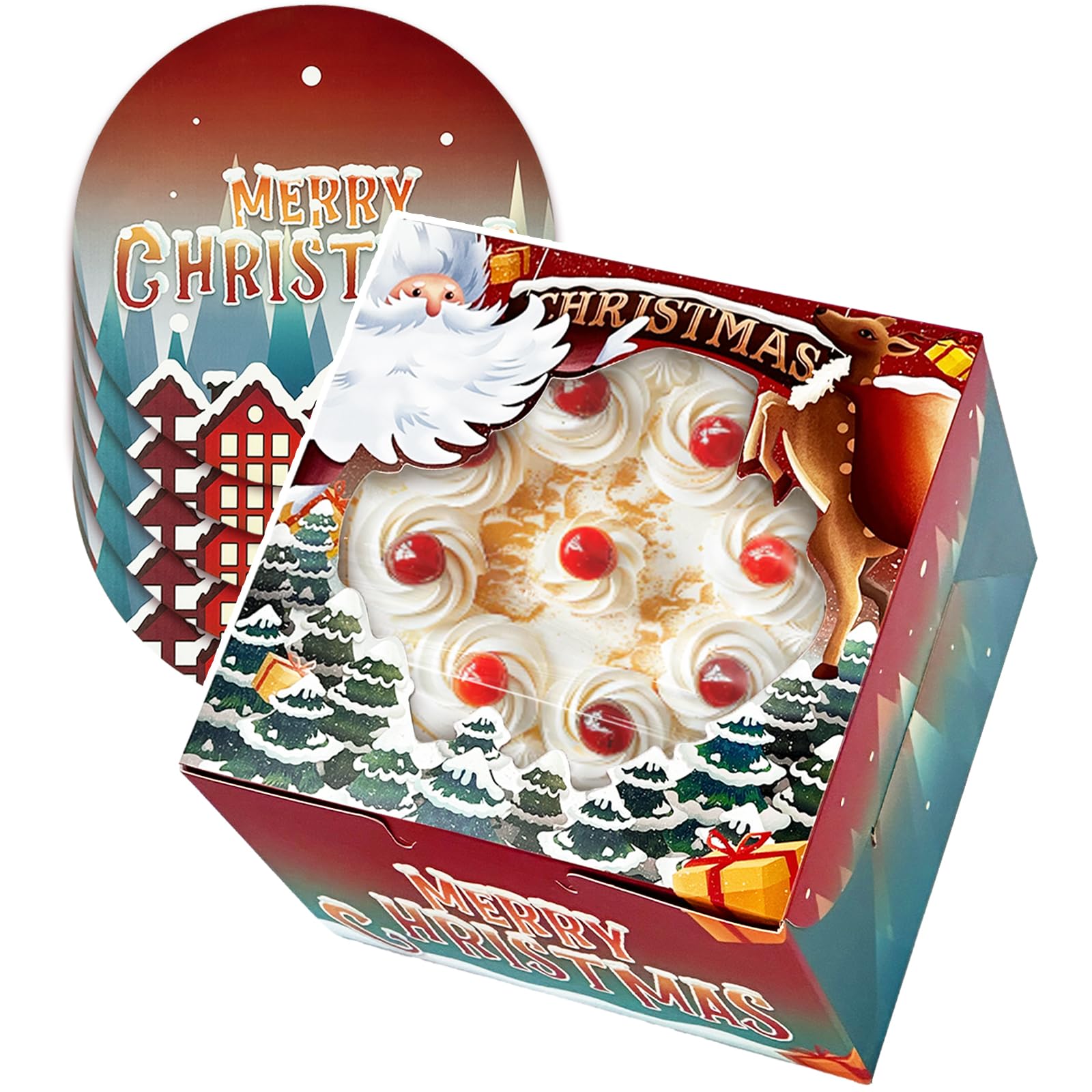 Gcardist Weihnachten Kuchenbox 5 Sets Tortenkarton Weihnachten mit Fenster Weihnachten Kuchenrunde Bretter Kuchenbehälter (20,3x20,3x12,7cm / 8x8x5 Inch)