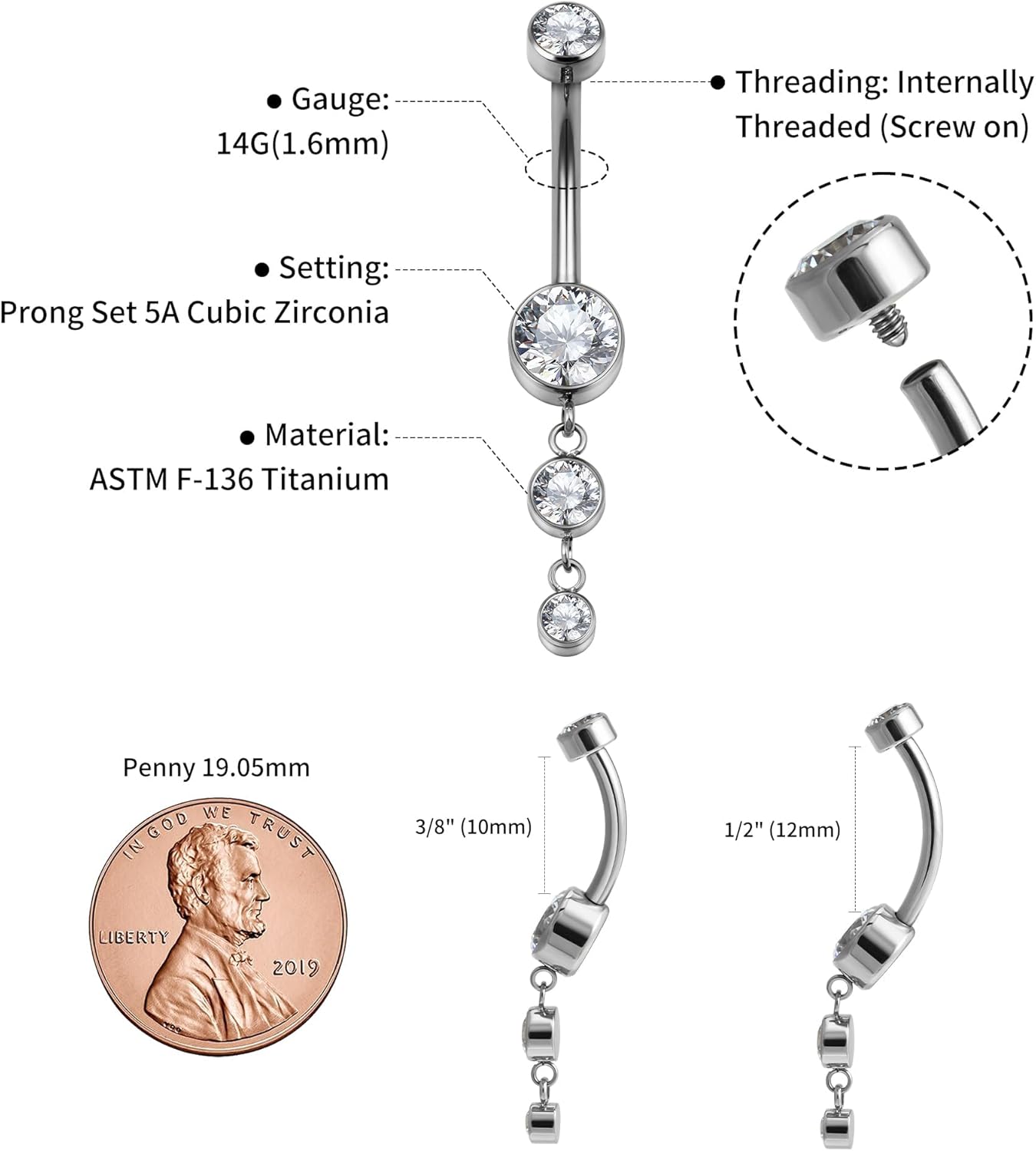 FINE4U Dangle Belly Button Rings 14G 10mm 12mm - ASTM F136 Implant Grade Real Titanium Belly Ring, Internally Threaded Hypoallergenic Navel Piercing Jewelry for Gift idea (Clear) - Image 2