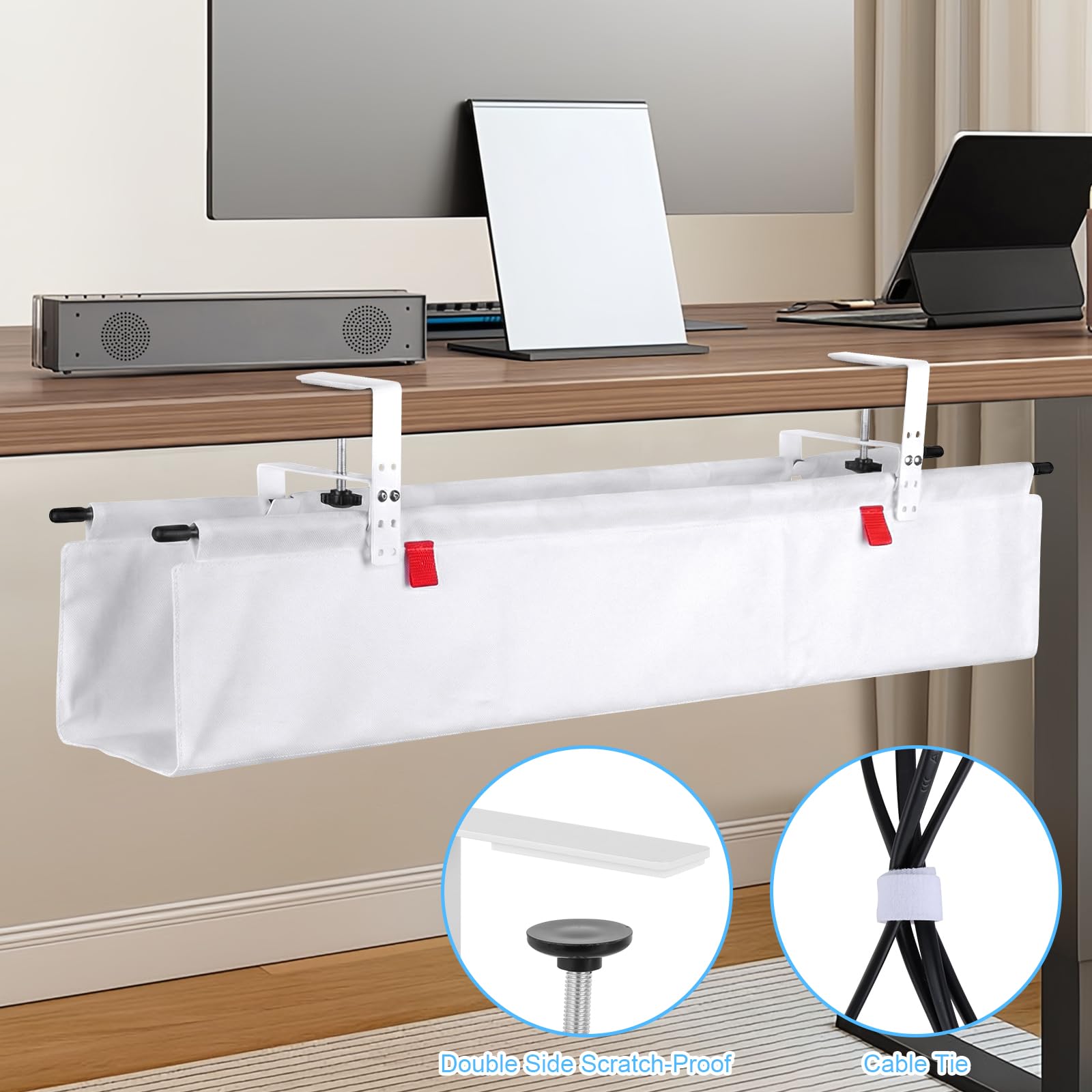 Kabelmanagement unter dem Schreibtisch 90cm Kabelkanal Ohne Bohren, Flexibler Kabel Organizer, Klemm- oder Schraubmontage, Weiß