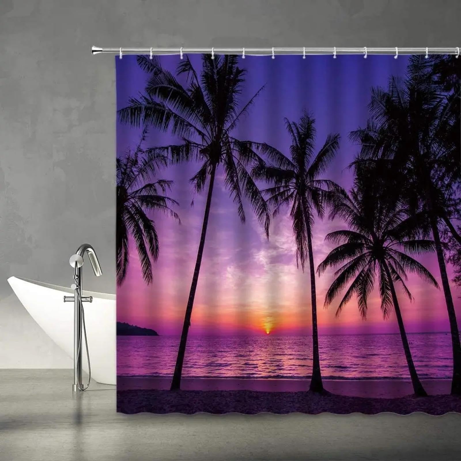 Ozean-Sonnenuntergang-Duschvorhänge, tropischer Strand, Palme, Dämmerung, Himmel, Hawaii, Meer, Küste, Meereslandschaft, Lila, Schwarz, Badezimmer-Dekor, 180 x 300 cm (71 x 118 Zoll)