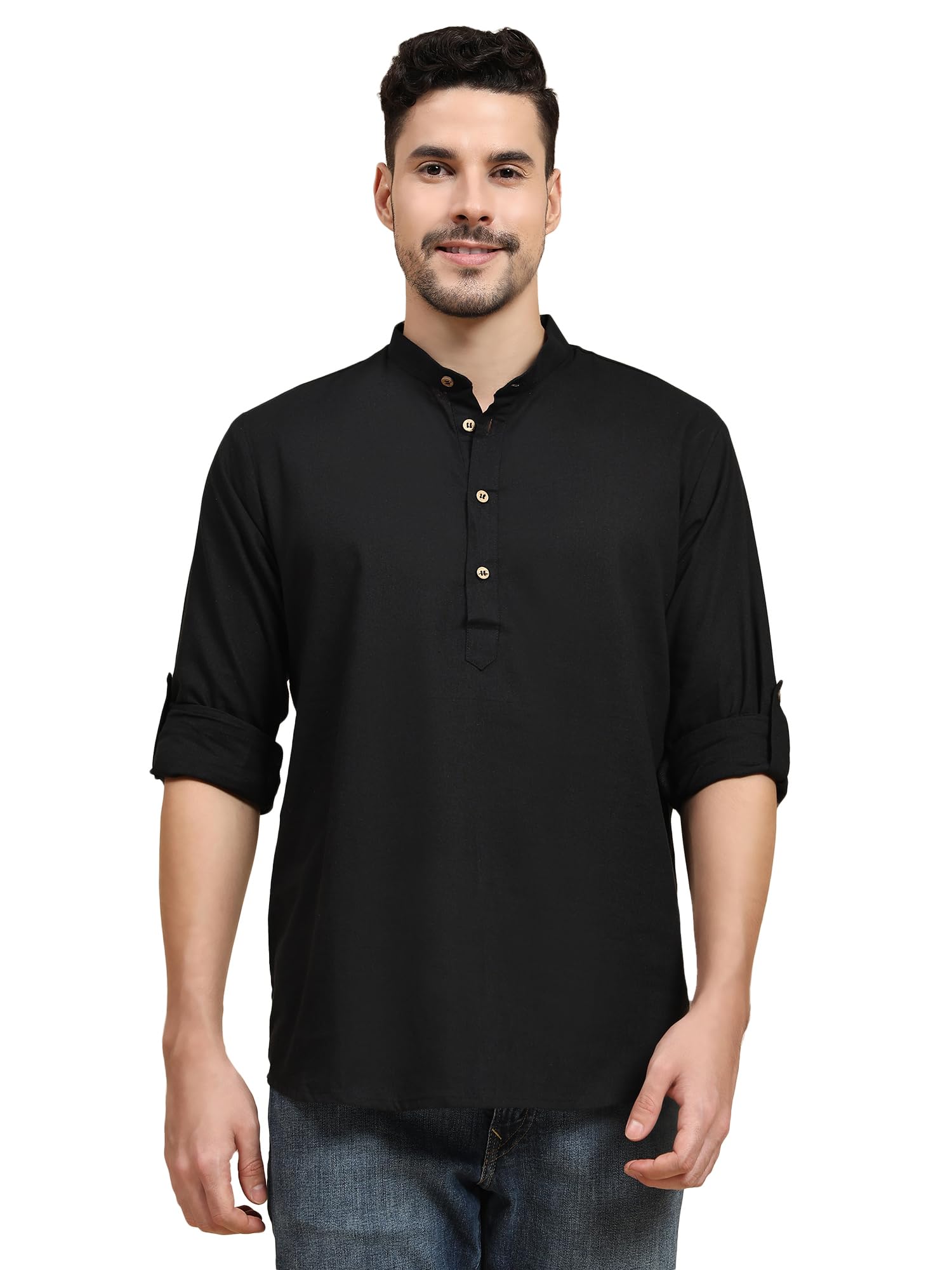 Skavij Men's Black Cotton Kurta Long Sleeve Casual Henley Shirt (Large, )