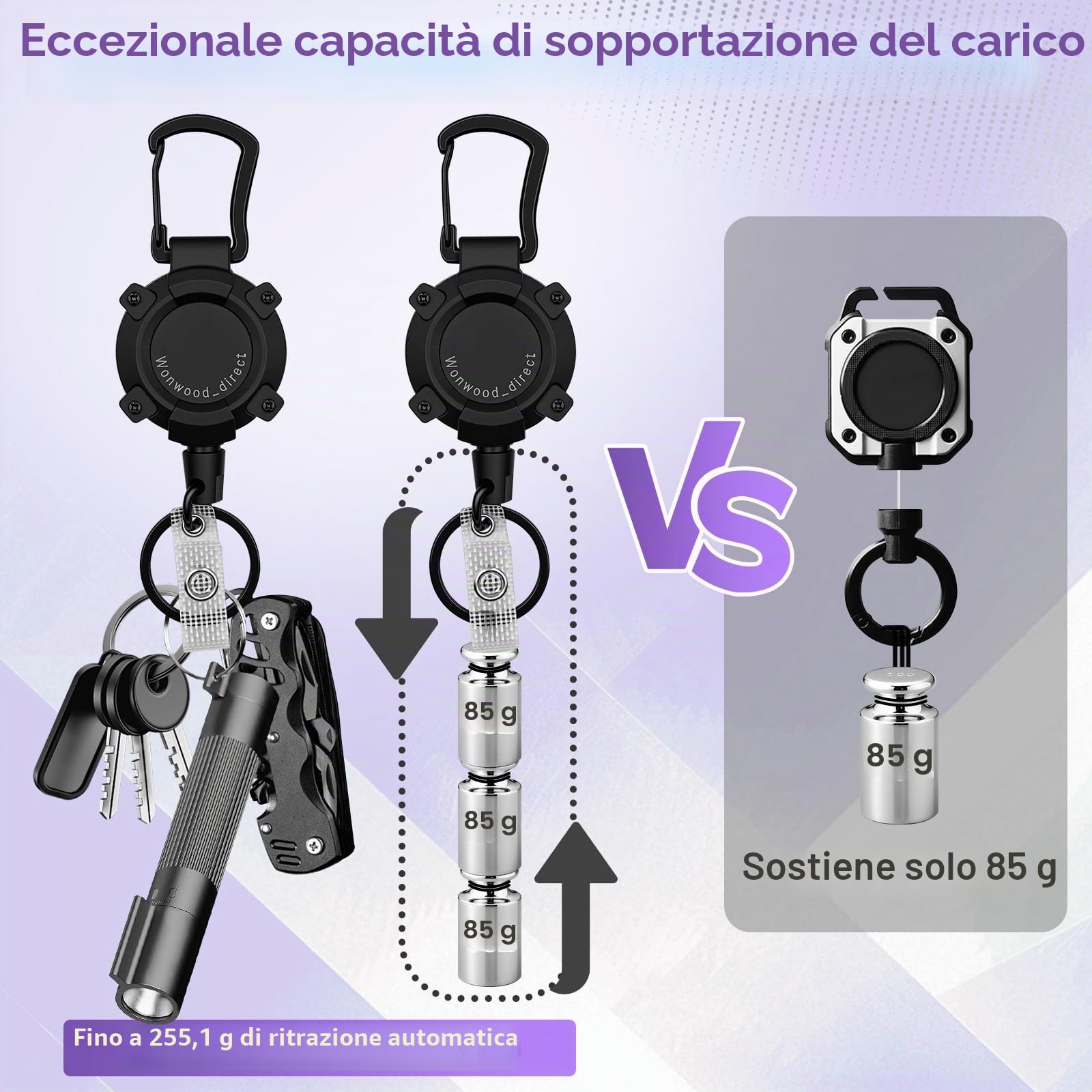 Porta badge retrattile 2 pezzi portachiavi allungabile filo acciaio 80 cm per campeggio escursionismo