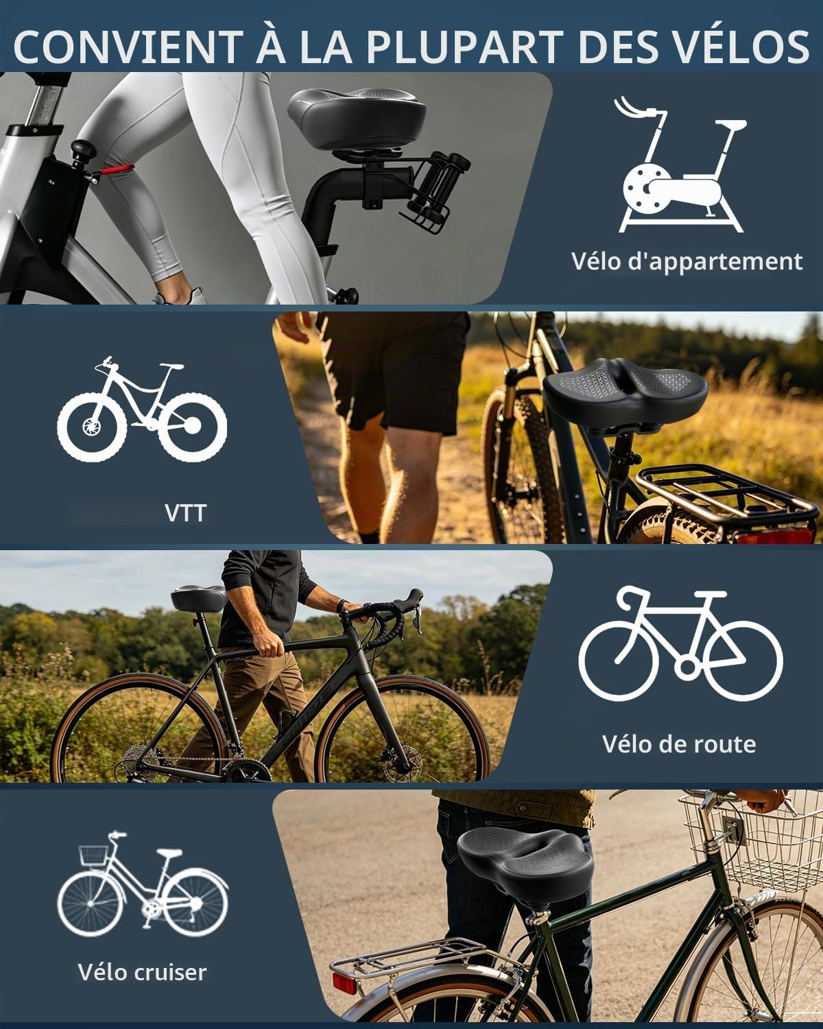 Noseless Siège de vélo surdimensionné pour homme et femme, confortable, extra large, rembourré, selle de vélo confortable pour peloton, vélo d'appartement, de plage, VTT, vélo électrique