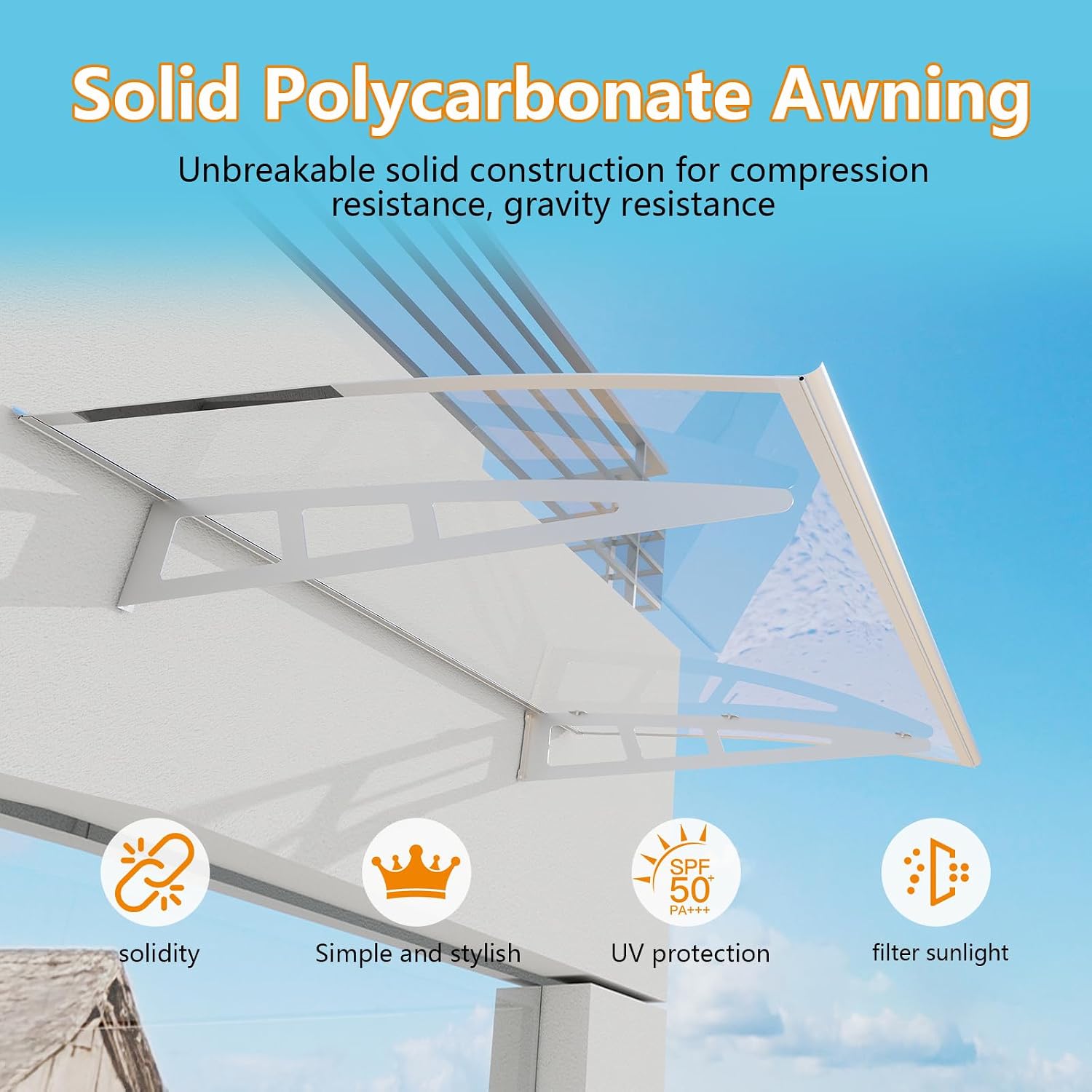 Awning for Door Entrance,40x60 Inch Awnings for Doors with Drainage,Window Canopy Exterior with Metal Bracket,Solid Transparent Polycarbonate Cover,UV,Rain,Snow Protection for House,Porch,Patio