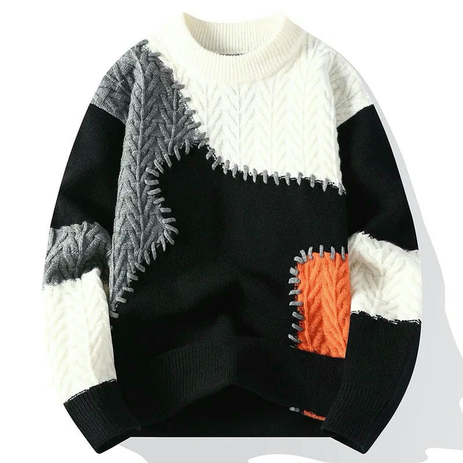 Maglione Uomo Moda Invernale Patchwork Pullover Casual in Maglia Spesso Caldo Harajuku Maglioni Lavorati A Larghi O-Collo Streetwear Uomo-Rosso-l
