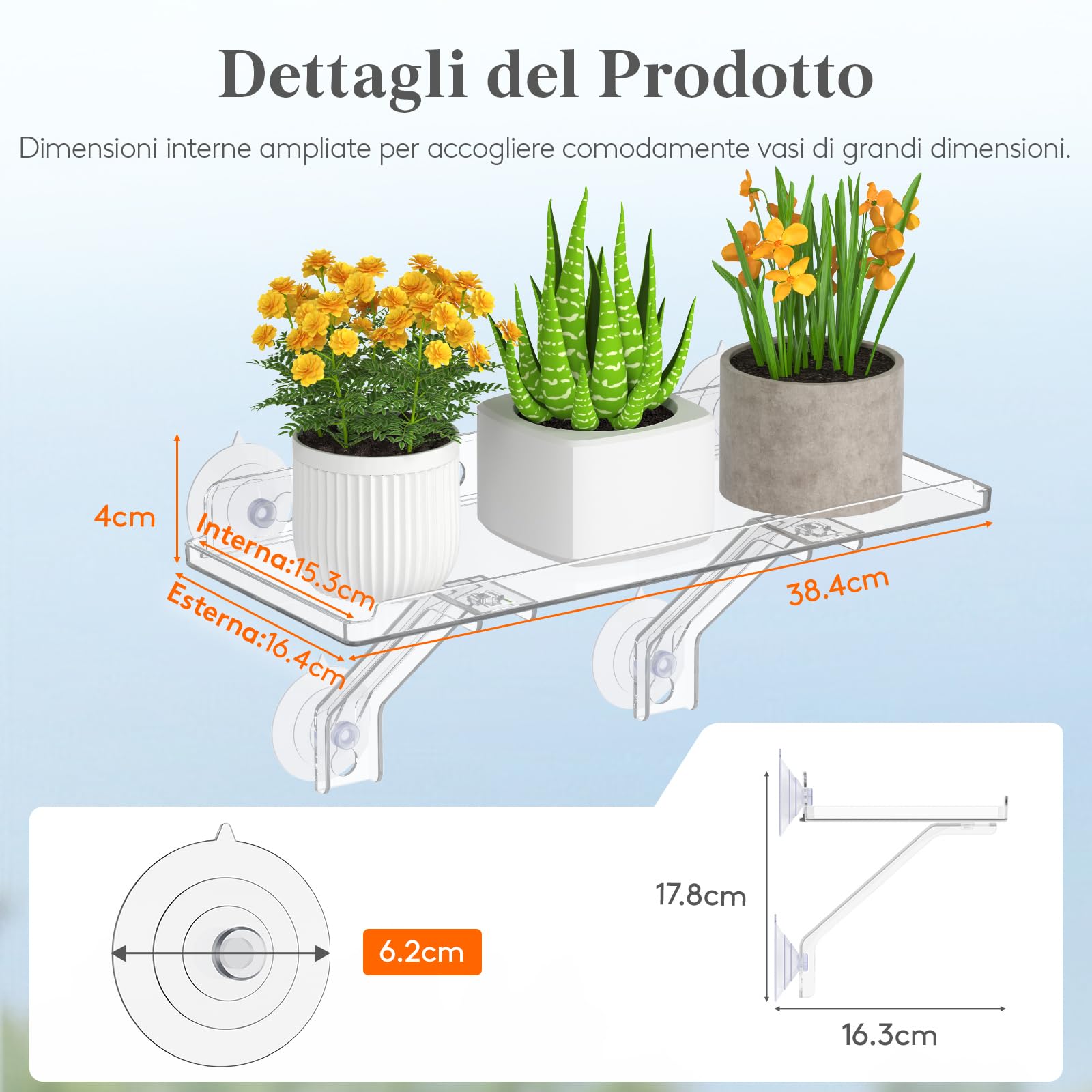 Lifewit Set di 2 Scaffale per piante da davanzale Sistema di scaffali in acrilico resistente con ventose Scaffale da interno per piante grasse e miniaturizzate da davanzale