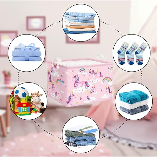 Miniatura 6 de Clastyle Adorable cesta de estante de unicornios rosados para niños, diseño de nube, corazón, arco iris, cesta de regalo rectangular para ropa,