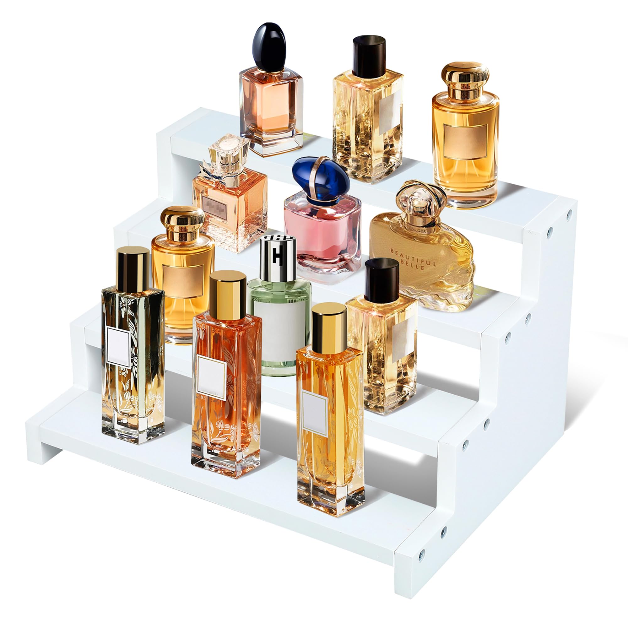 Novalunae 4 Tier Wooden Perfume Stand Organiser, Fragrance Stand for Vanity, Perfume Display Riser for Fragrance,Diffuser, Skincare, Mens Cologne Organiser, Display Shelves for Bedroom, Bathroom