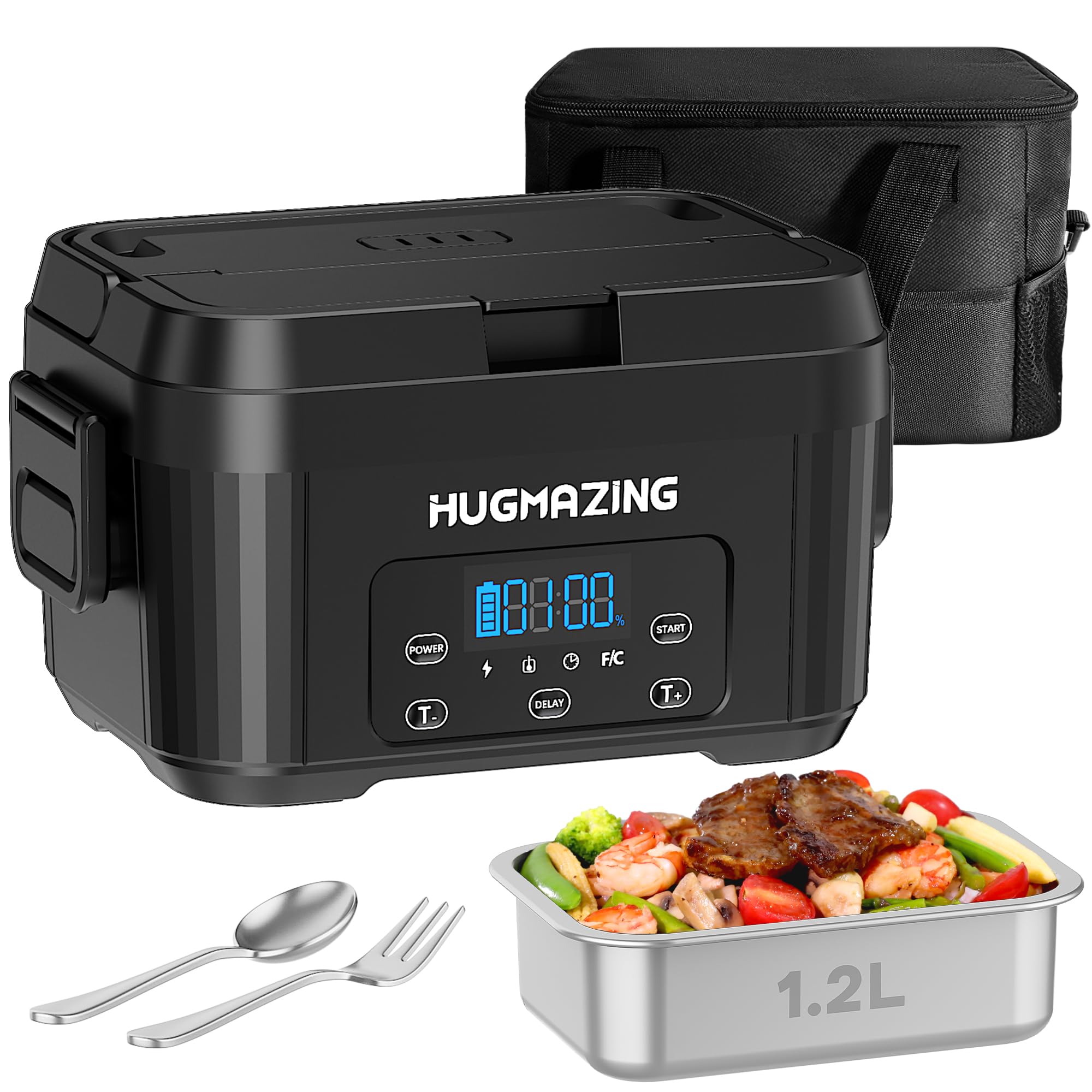 Hugmazing Cordless Electric Lunch Box for Adults, Men & Women – Rechargeable Self-Heating Food Warmer with 1.2L SS Container, Battery-Powered Heated Lunch Box, Perfect for Work and Travel Use