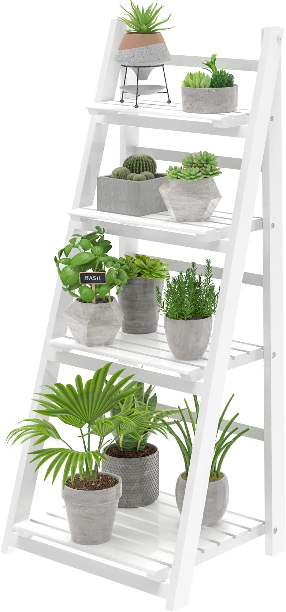 HOMIDEC Plant Stand, 4 Tier Wooden Ladder Shelf Foldable Display Flower Plant Stands, Free Installation Plant Stands Indoor Corner Storage Shelves Bookshelf for Garden Balcony Living Room, White