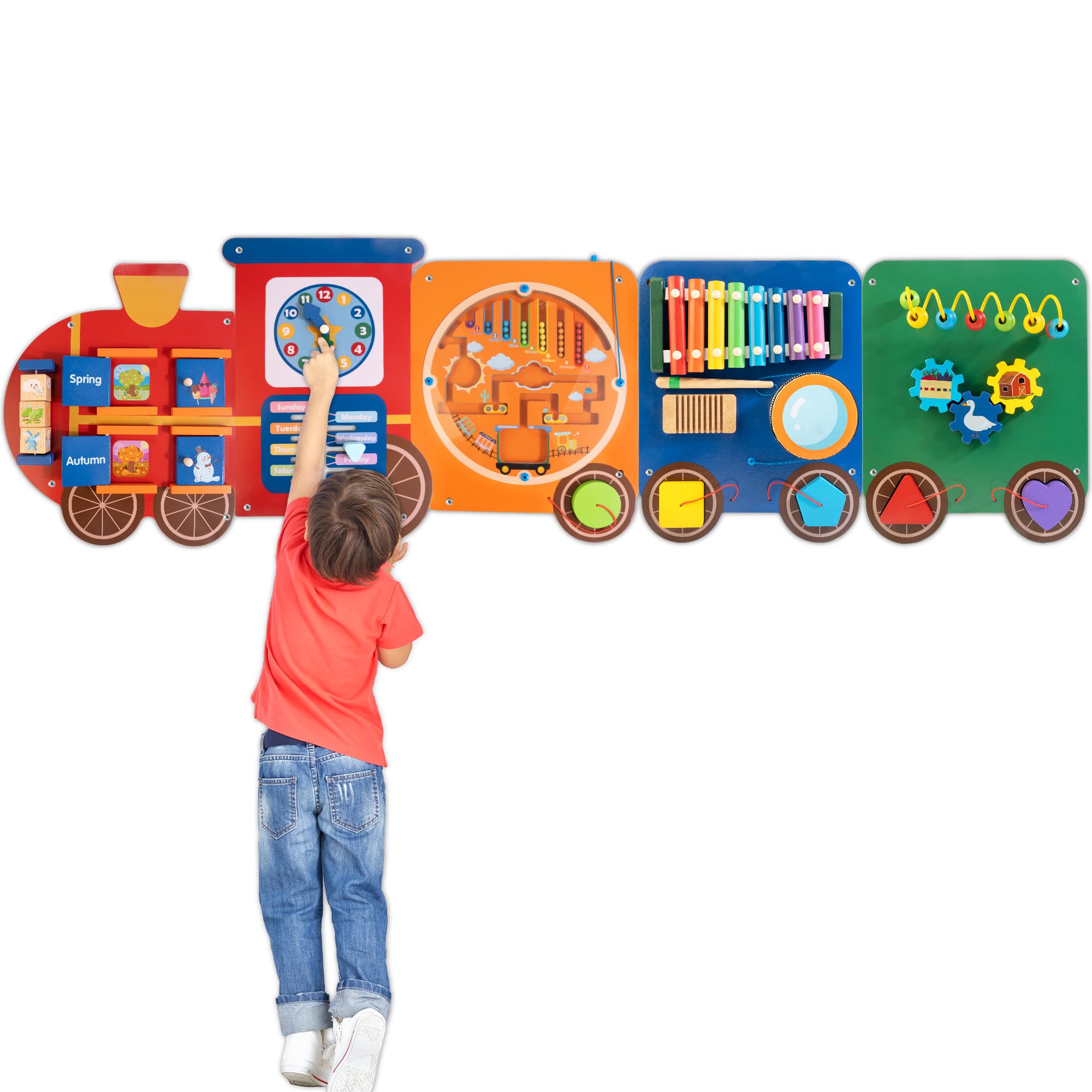 Train Activity Wall Panels,Wooden Montessori Sensory Toys,11-in-1 Wall-Mounted Train Busy Board Wooden Montessori Activity Center for Playroom Daycare Nursery, Classroom Educational Toys for Toddler