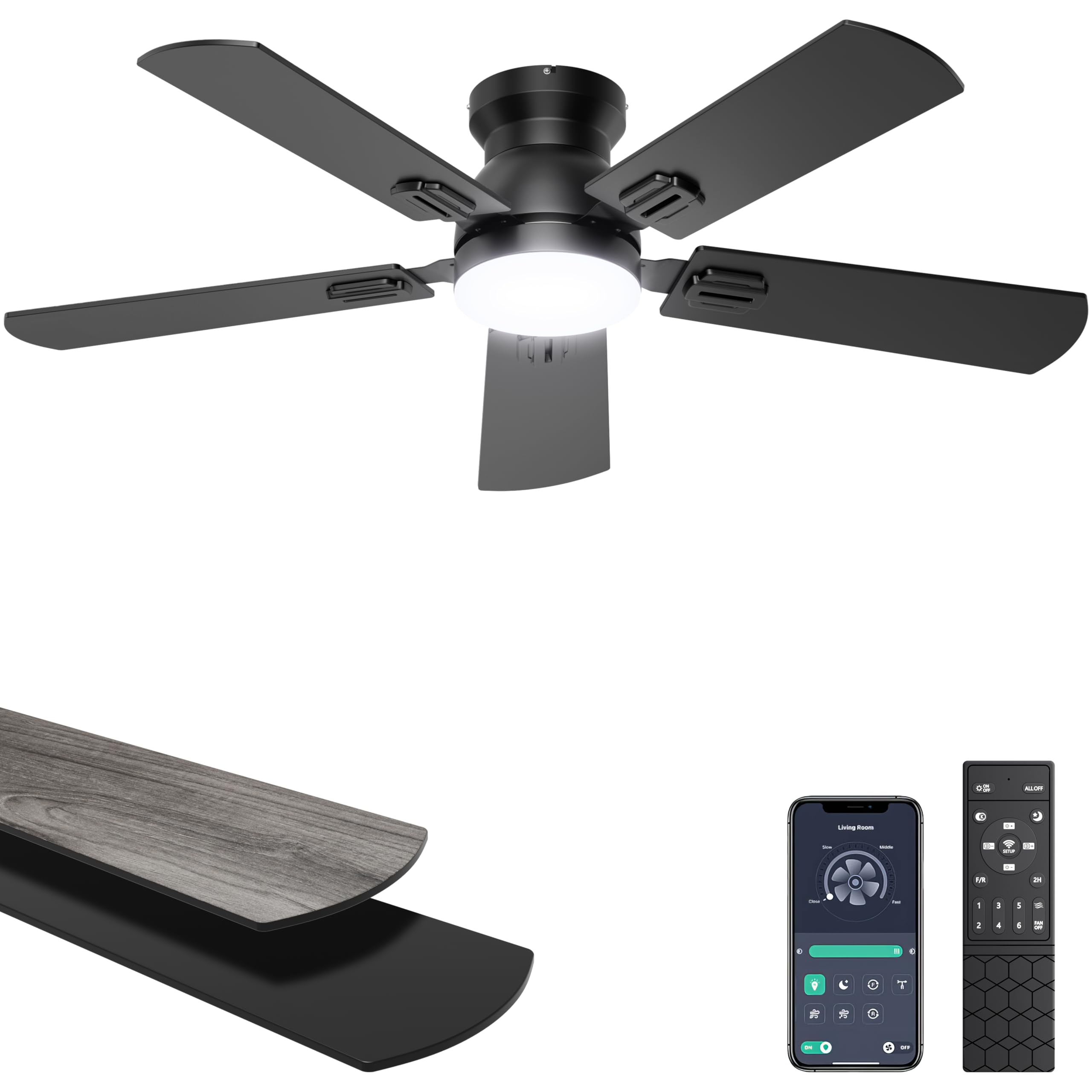 Photo 1 of Ohniyou Ceiling Fans with Lights, 42 Inch Low Profile Ceiling Fan with Light and Remote/APP Control, Flush Mount, Dimmable, Quiet DC Motor, Black Small Indoor Ceiling Fan for Bedroom, Kitchen