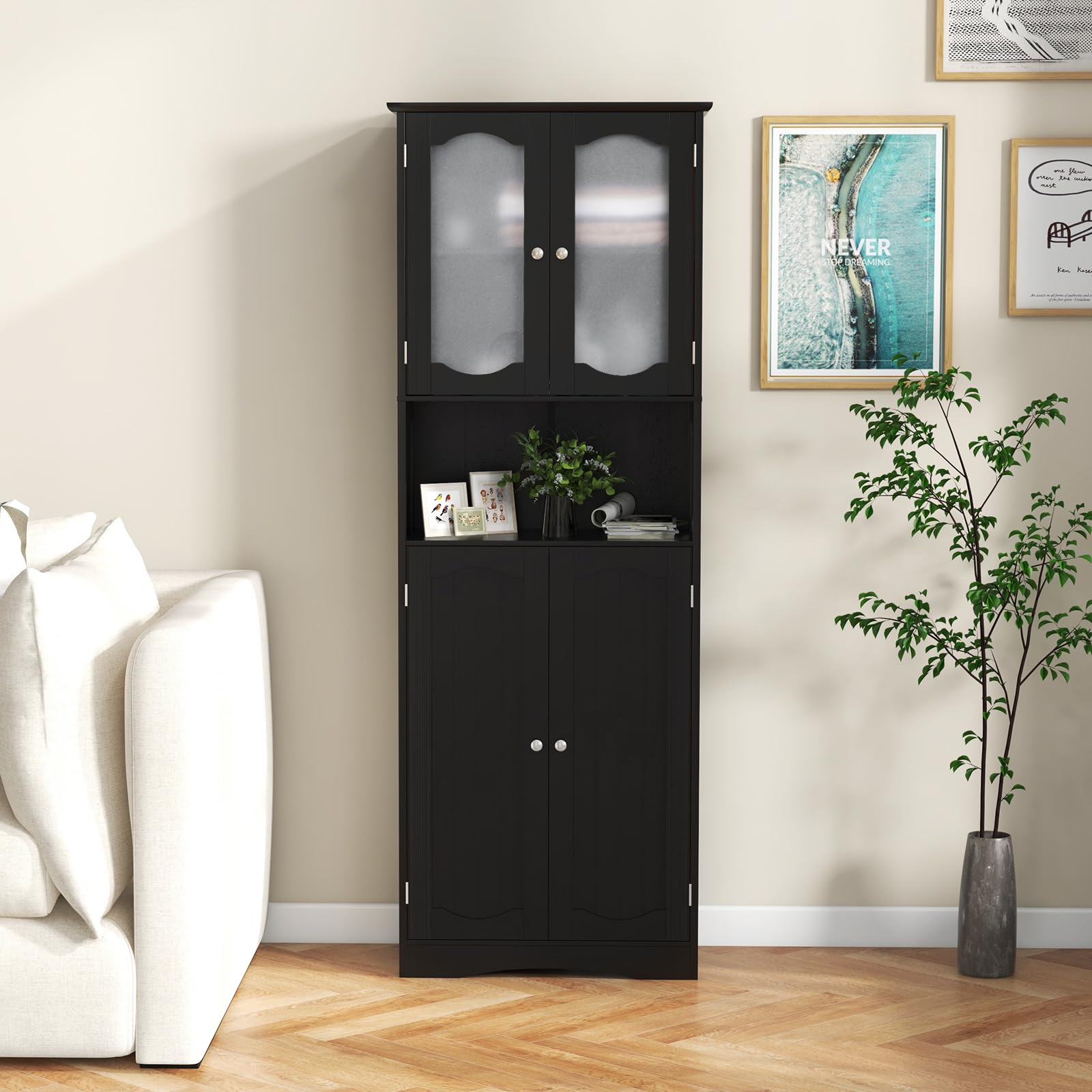 LIFEZEAL Hochschrank, Freistehender Badezimmerschrank mit Glastüren, Badschrank mit verstellbaren Regalen, Aufbewahrungs-Organizer für Küche, Wohnzimmer, Büro, 60 x 30 x 164 cm (Schwarz)