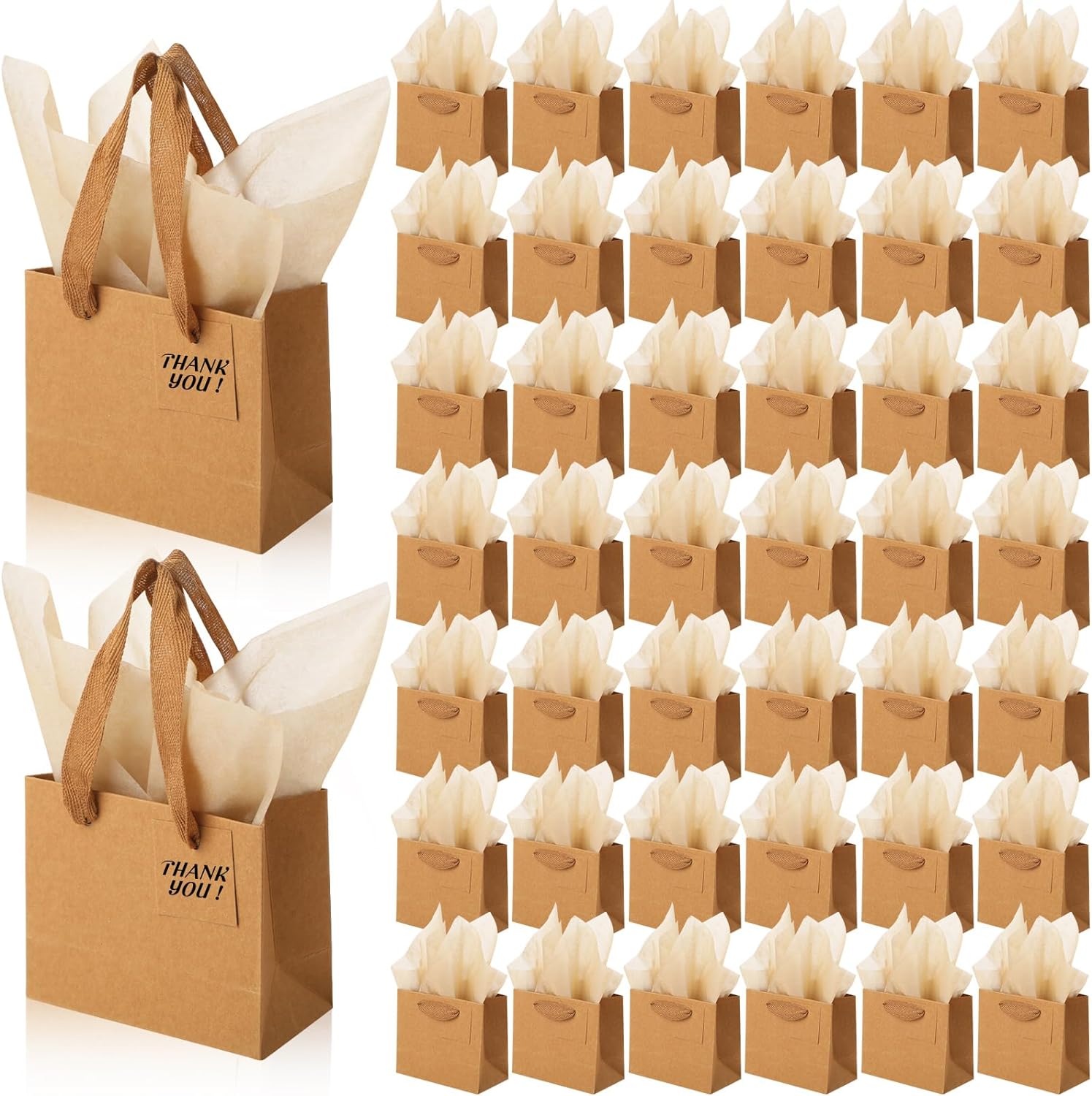 Zhanmai 100 Pcs 4.7 x 2.4 x 3.9 Inch Mini Gift Bags Bulk with Tissue Paper Kraft Paper Bag with Handle Gift Tag for Birthday Party, Valentines Day, Baby Shower, Wedding, Mother's Day (Brown)