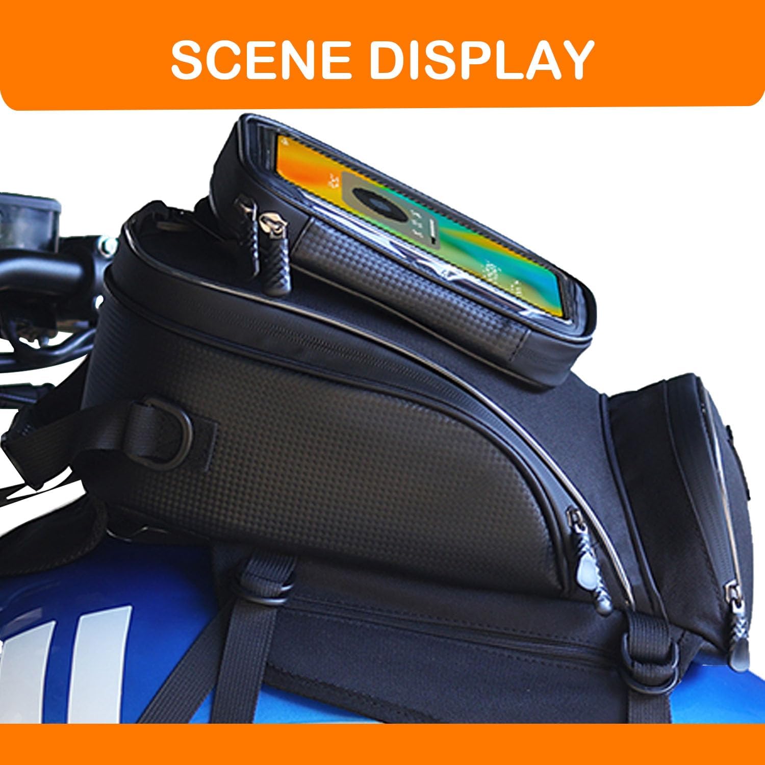 Motorcycle Tank Bag Magnetic, Featuring an Touch Screen Cell Phone Bag up to 7.2 Inch, Universal Gas Oil Fuel Tank Bag with Waterproof Cover & 3 Magnets & 4 Straps & 1 Shoulder Strap