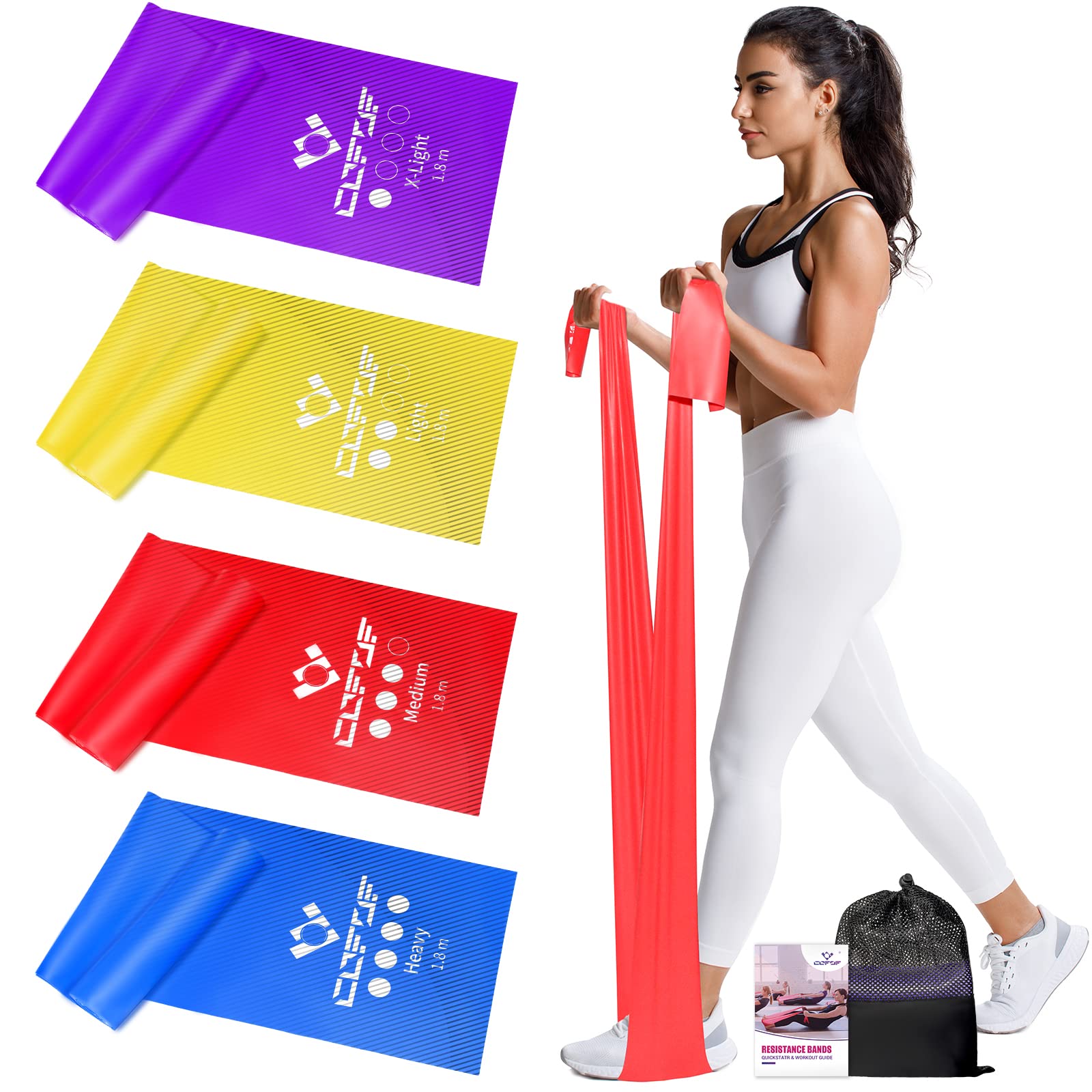 COFOF Fitnessbänder 4er-Set, Gymnastikband mit 4 Widerstandsstufen, Fitnessband mit Tragetasche & Übungsanleitung Geliefert Ideal für Yoga, Pilates