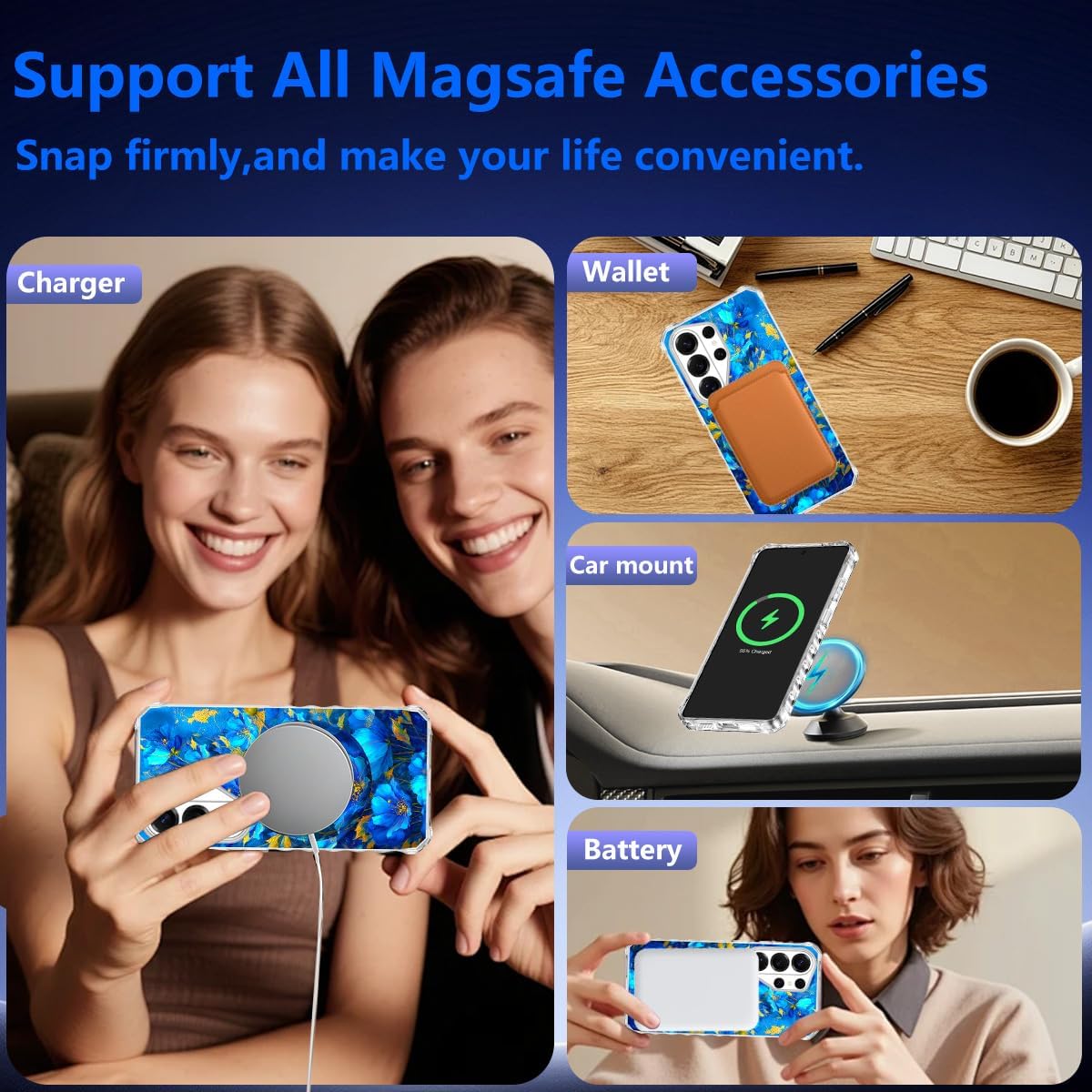 for Galaxy S26 Ultra Case,Magnetic Removable Floral Phone Ring Stand, 360°Rotation MagSafe Stand,Slim Wavy Frame Cases with Cute Flowers for Samsung Galaxy S26 Ultra 6.9 inch,Blue