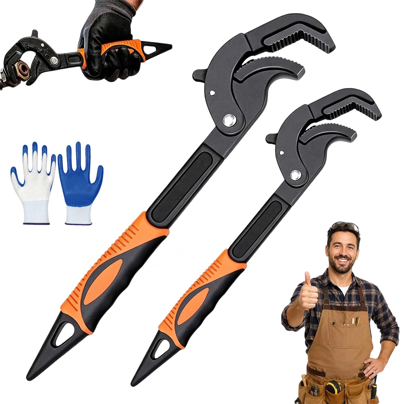 Llave universal que ahorra esfuerzo, llave multiusos ajustable con bloqueo automático, llave para tubos con mango ergonómico antideslizante, para fontanería y uso en caravanas (naranja, pequeña y gr