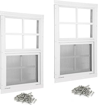 Shed Windows 2 Pack 18 W x 24 H Flush Mount White Window with Tempered Glass and Fiberglass Screen,Sliding Windows with Vertical Slider and Screws for Sheds,Chicken Coop, Playhouse Garbage Room etc