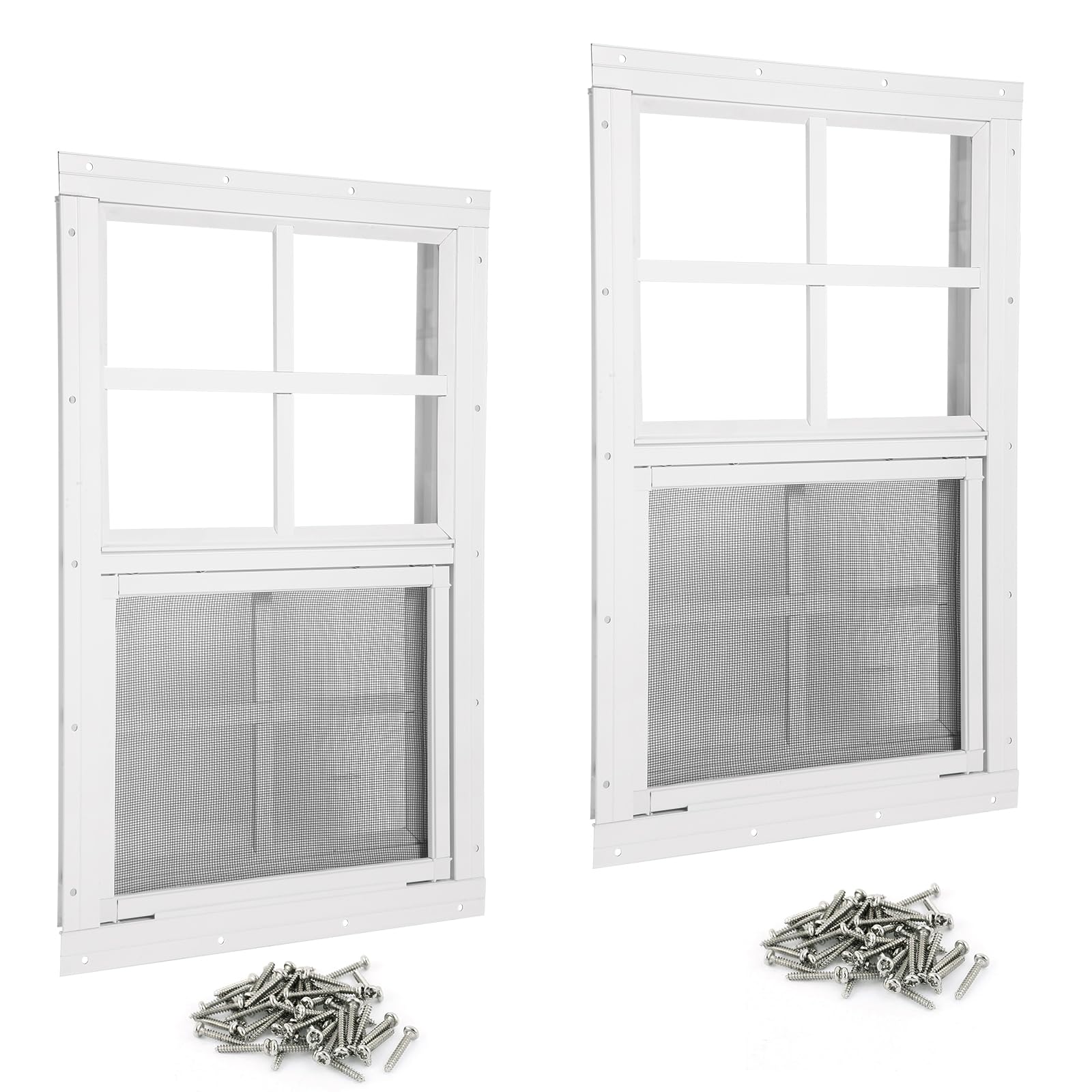 Shed Windows 2 Pack 18" W x 23" H Flush Mount White Window with Tempered Glass and Fiberglass Screen,Sliding Windows with Vertical Slider and Screws for Sheds,Chicken Coop, Playhouse Garbage Room etc