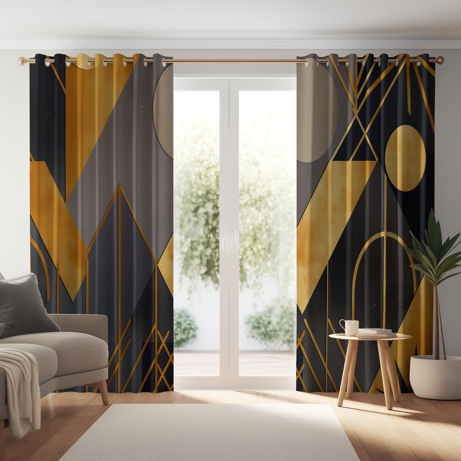 Rideaux Isolants 110L X 215H cm (2 Panneaux), Design Art Géométrique Abstrait, Tenture Opaque Anti-Chaleur pour Chambre Principale, Gris Or