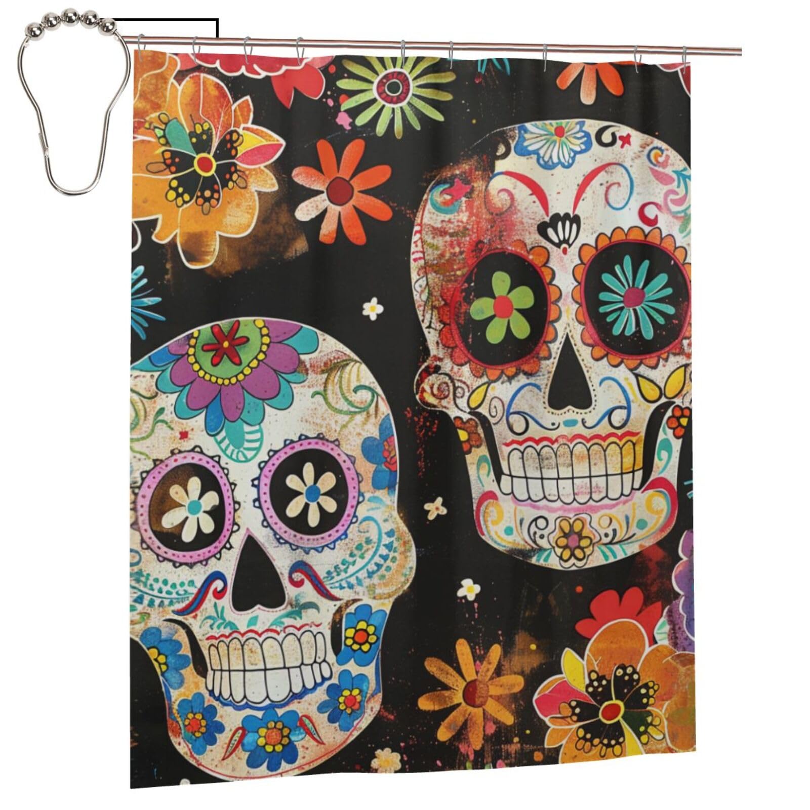BWWHCCTI Sugar Skulls Printed Shower Curtain With 12 Iron Hooks Opaque Quick Drying Waterproof Shower Curtains Sets For Bathroom 152x183 Cm