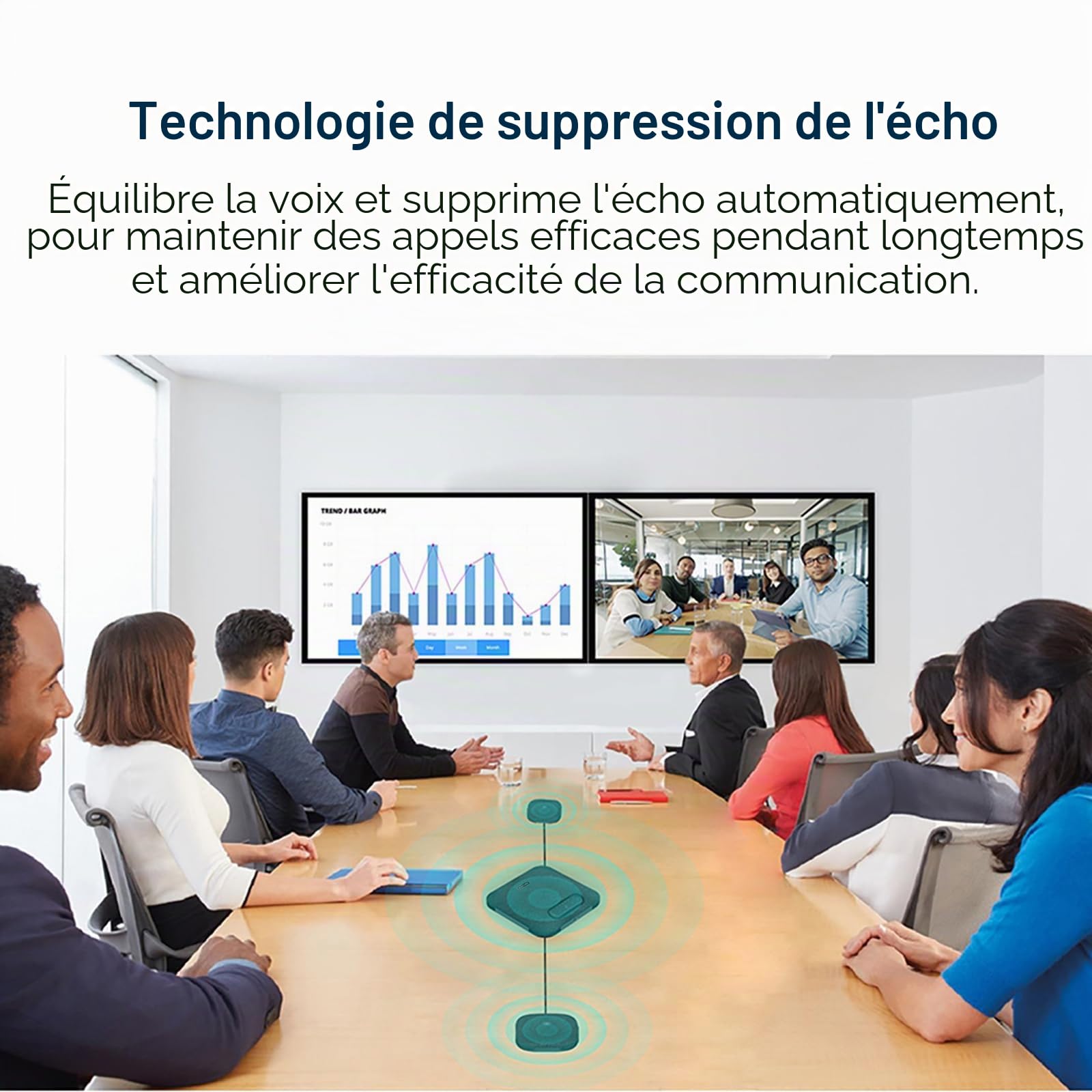 Octopus Pro Haut-Parleur et Microphone de conférence Bluetooth et USB, avec 2 Microphones d'extension, la Prise de Voix à 8 mètres, Compatible Zoom/MS Teams, pour Salle de conférence